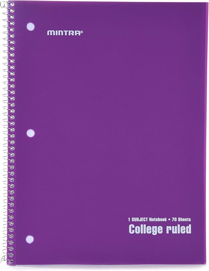 Mintra Office Spiral Notebooks - 1 Subject, 70 Sheets, College Ruled, 8in x 10in, Bulk Pack, PRIMARY Color Covers, Set of 6 - for School, Office, Business, Professional (4657)