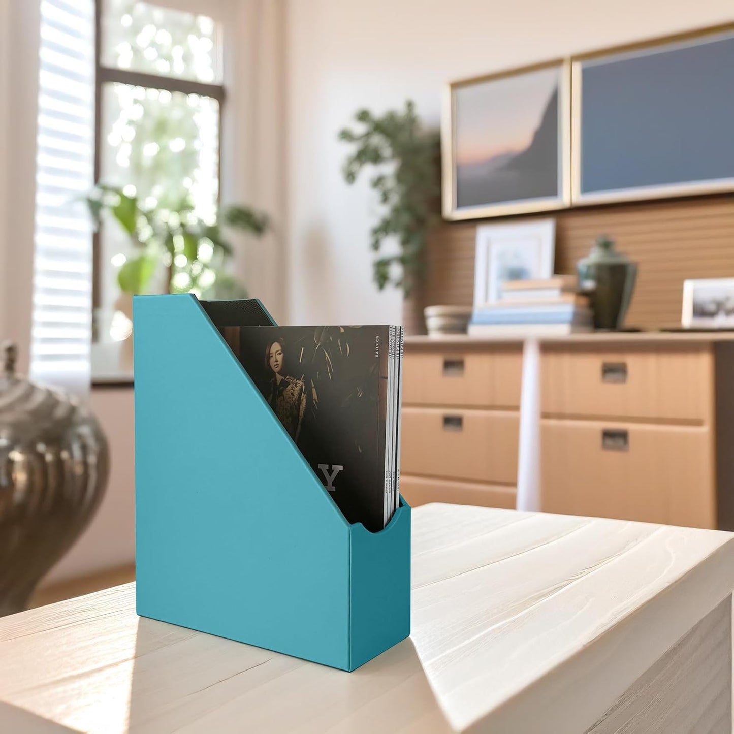 UnionBasic Magazine File Holder, Leatherette Desktop Document Organizer, Home Office Paper Holder File Storage Literature Sorter, Peacock Blue