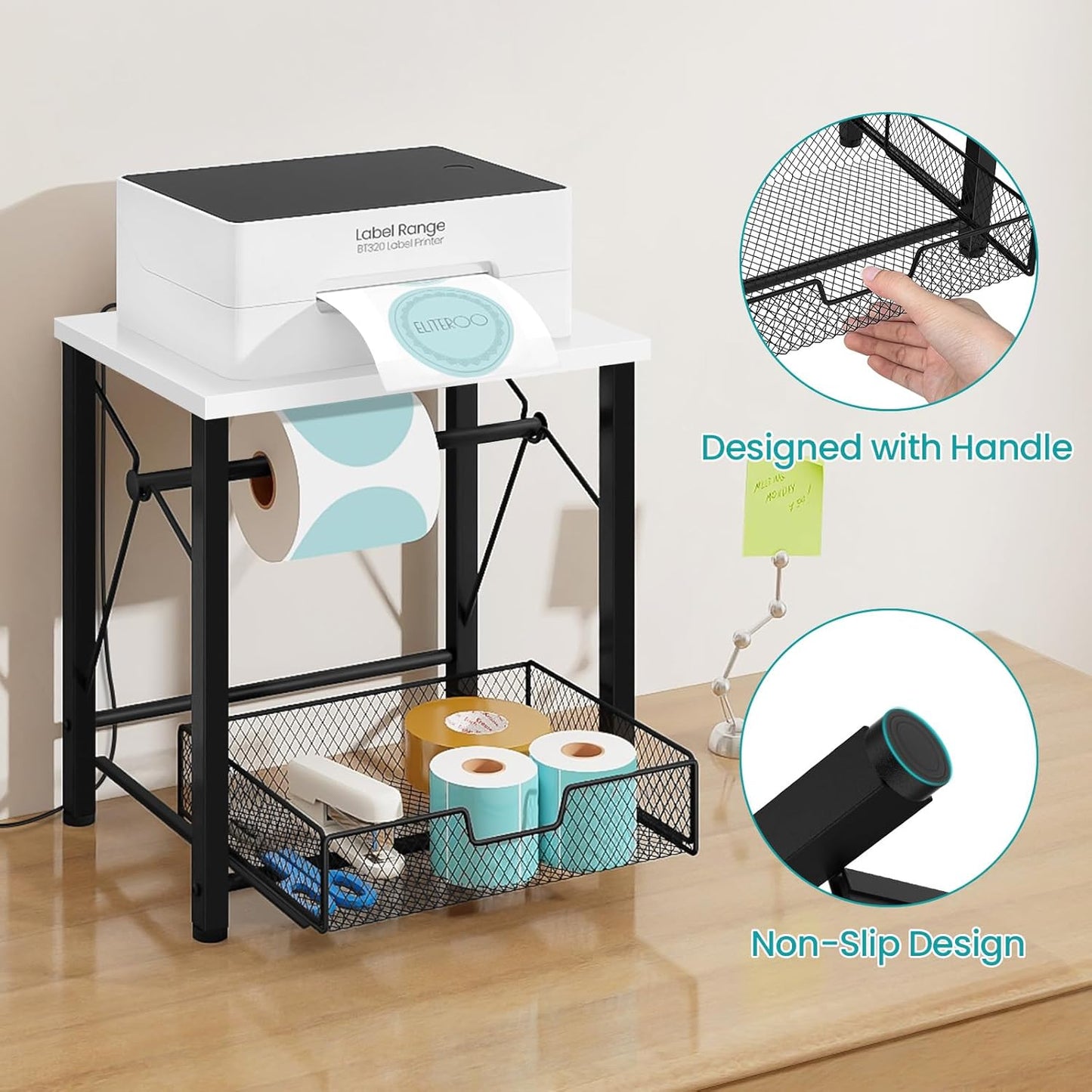 ELITEROO Label Holder for Rolls and Fanfold Labels, Wood Thermal Label Holder, Shipping Label Stand for Thermal Printer, Desktop Accessories Supplies for Home, Office, Small Business, White