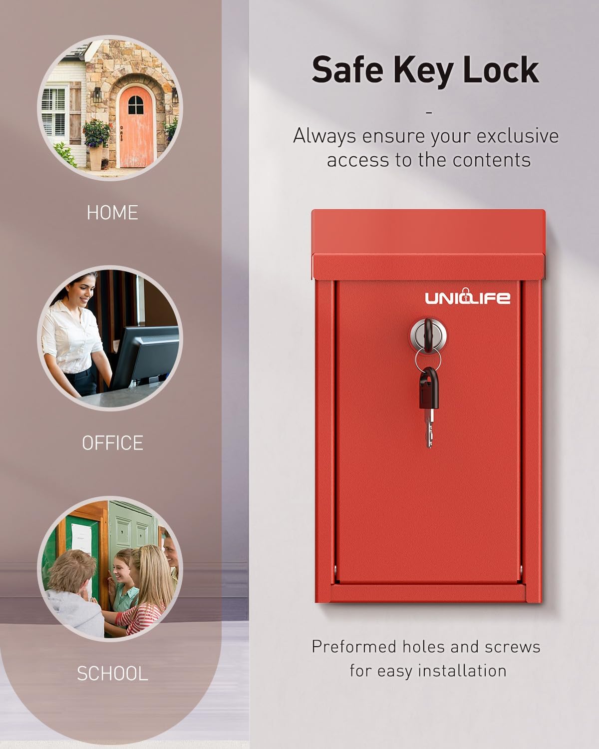 Uniclife Key Drop Box for Outside, Red Metal Donation Box Collection Box with Key Lock, Safe Suggestion Box, Wall Mounted Mailbox with Top Slot, Steel Cash Drop Box for Home Office and Business