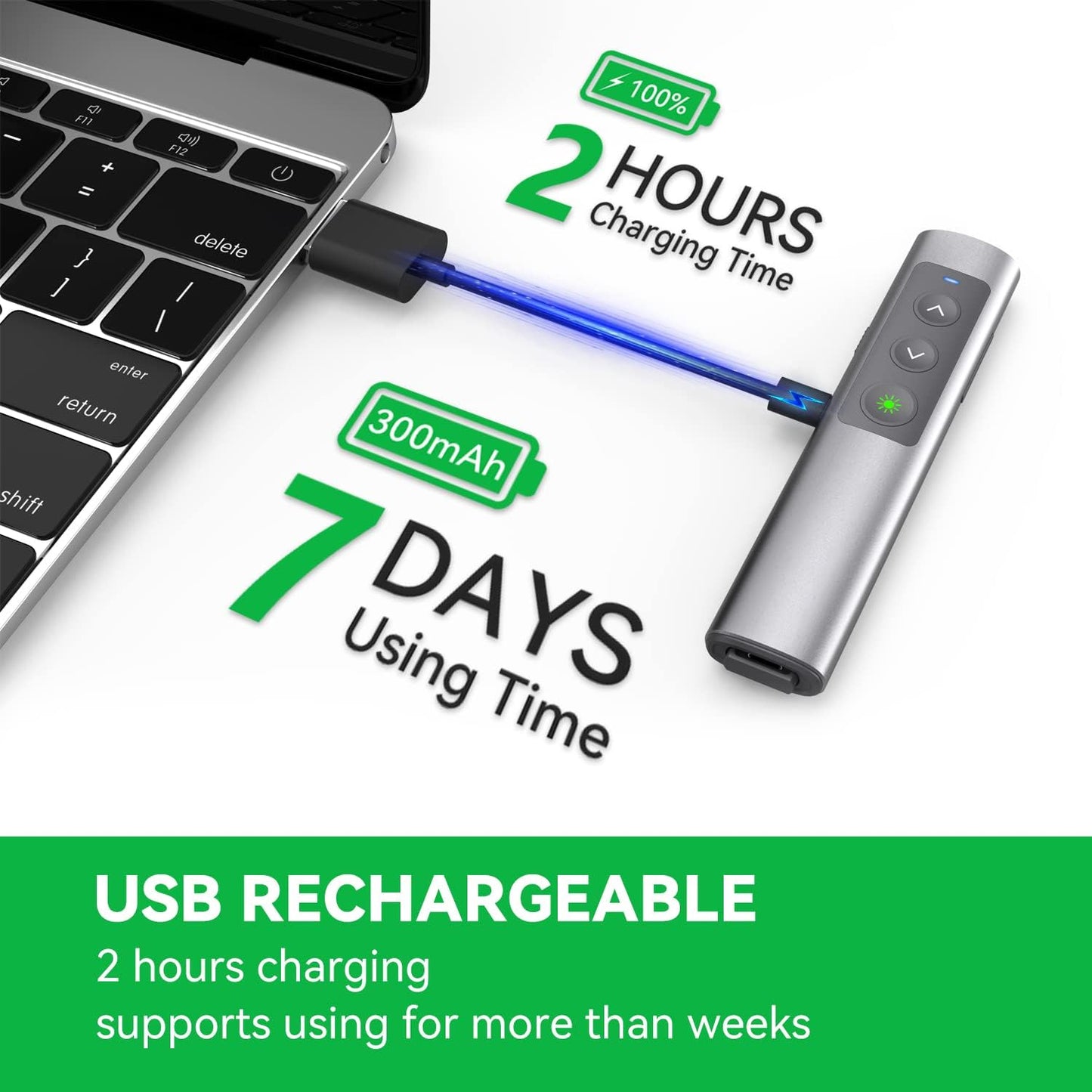 Metallic Presentation Clicker Presenter Remote - Rechargeable Wireless Presenter with Green Laser Pointer, 2 in 1 USB Clicker for PowerPoint & Google Slides, Compatible with MacBook/PC