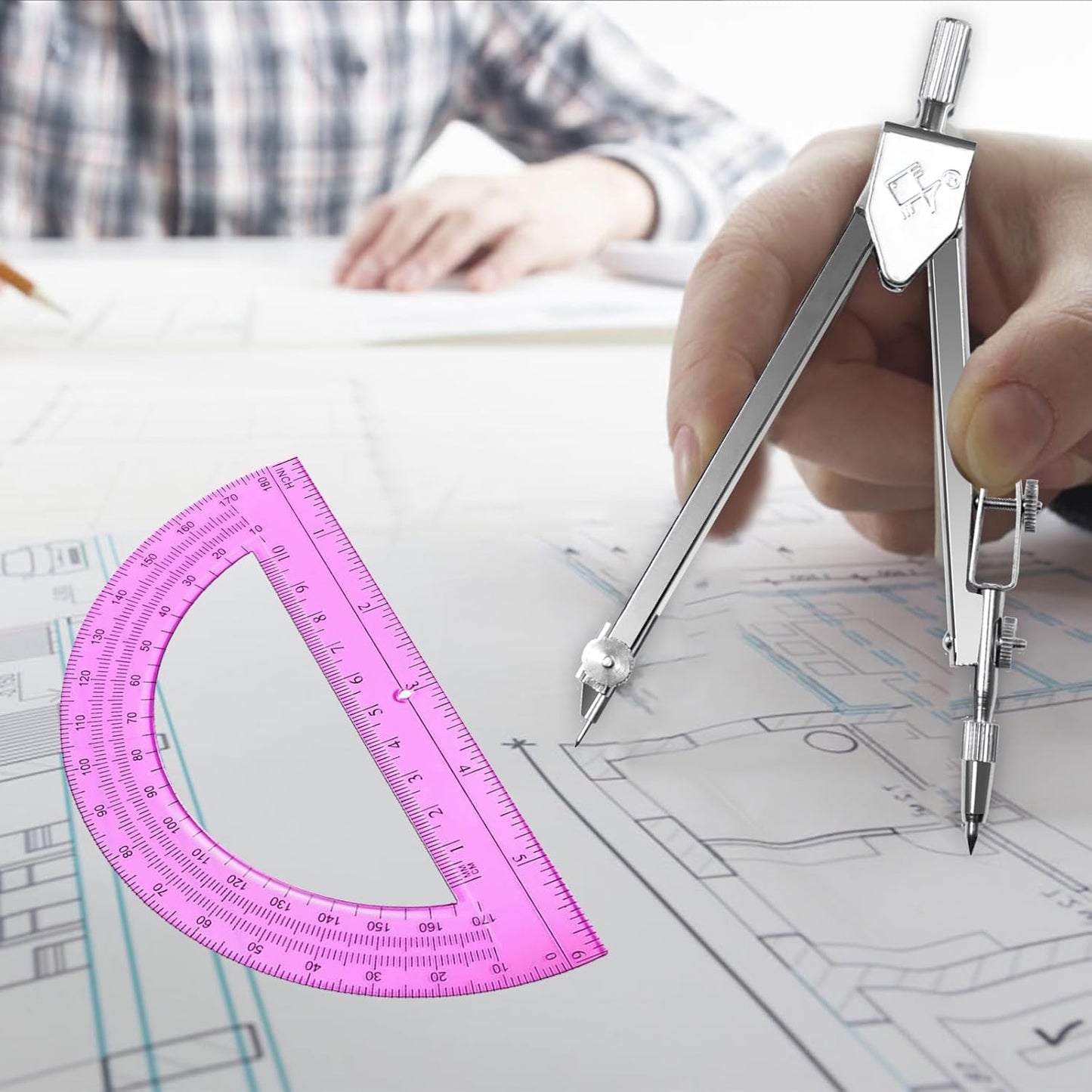 Students Geometry Math Set, Drawing Compass and 6 Inch Transparent Swing arm Protractor 180 Degree Math Protractor (Pink)