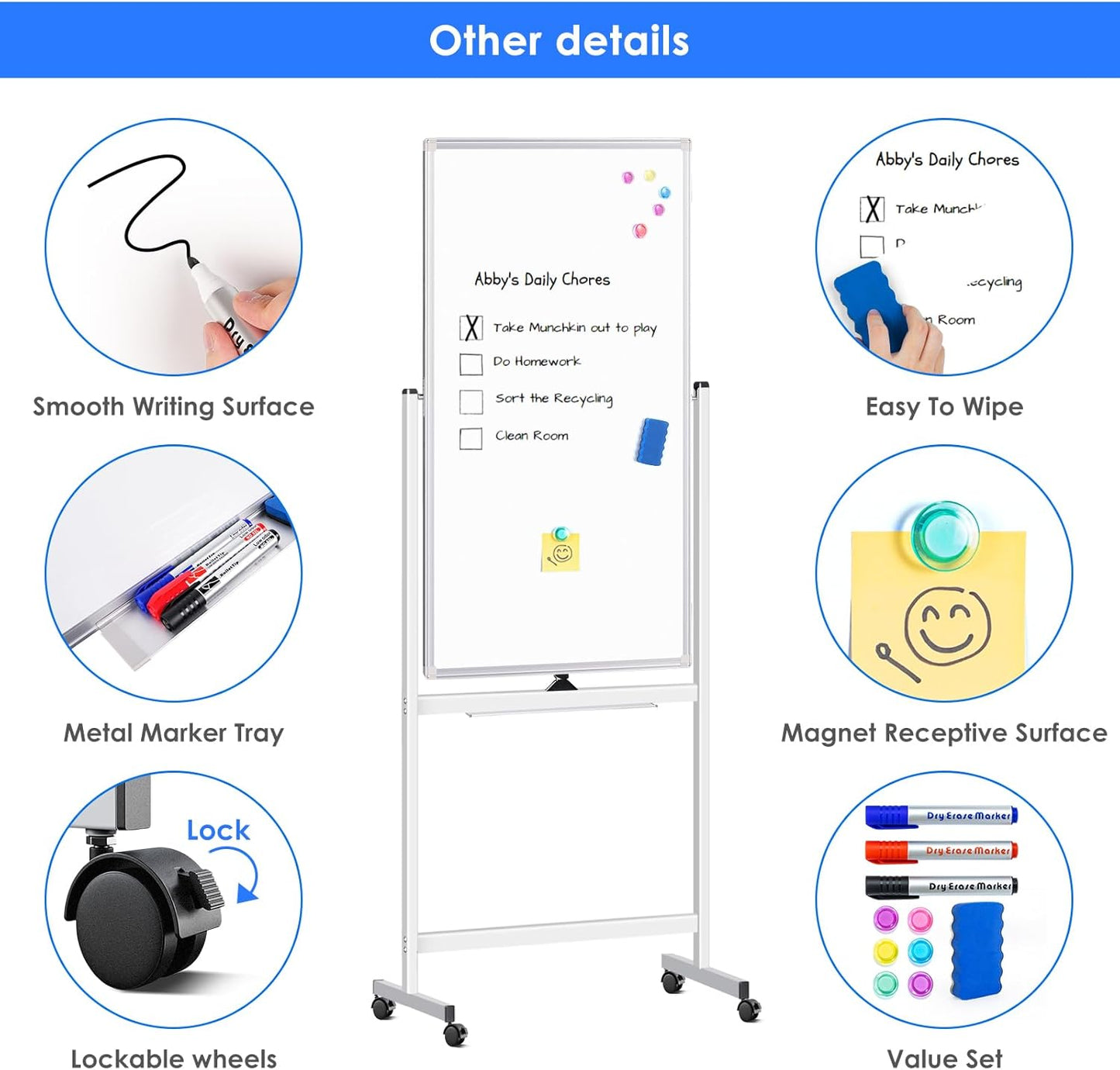 Magnetic Mobile White Board, 48 x 24 Double Sided Dry Erase Board Rolling Whiteboard Aluminum Frame Standing Whiteboard on Wheels