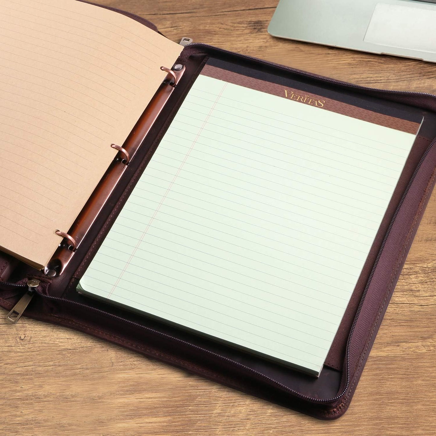 Professional Leather Business Padfolio Portfolio Case, 3 Ring Binder,Zippered Business Document Organizer Tablet Holder Folder Case,with Letter Size Notepad (Dark Brown Upgraded version)