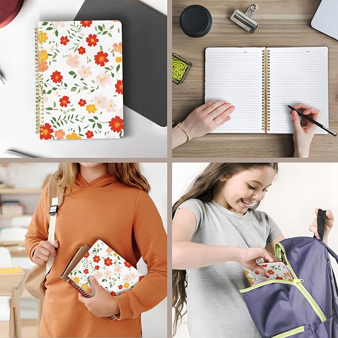 Cute Spiral Notebook journal B5 Aesthetic Pretty Design for Women Girls Kawaii with Pocket, 10 x 7.2 inch, Lined, Red Floral