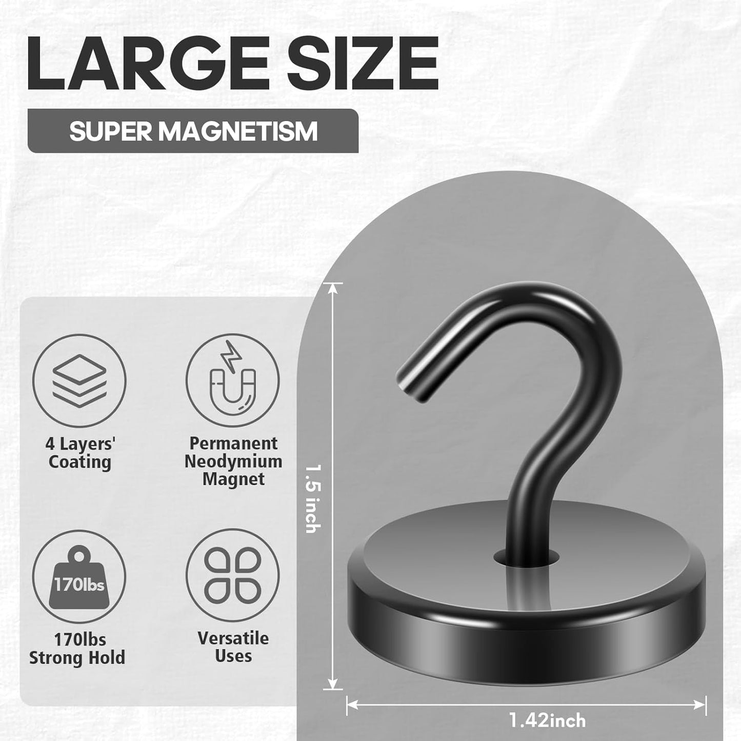 Neosmuk Magnetic Hooks, Heavy Duty 170lb Strong Magnets for Cruise Cabins, Ship Essentials, Large Metal Hooks for Hanging on Fridge(Silver,Pack of 4)