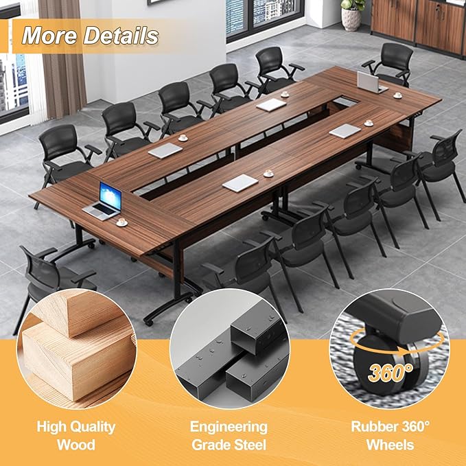 Conference Room Table with Silent Wheels, Mobile Folding Conference Table for 16 Person,Flip Top Office Training Tables with Walnuts Wood Tabletop, for School,Business Meeting Rooms (2 Pack 55in)