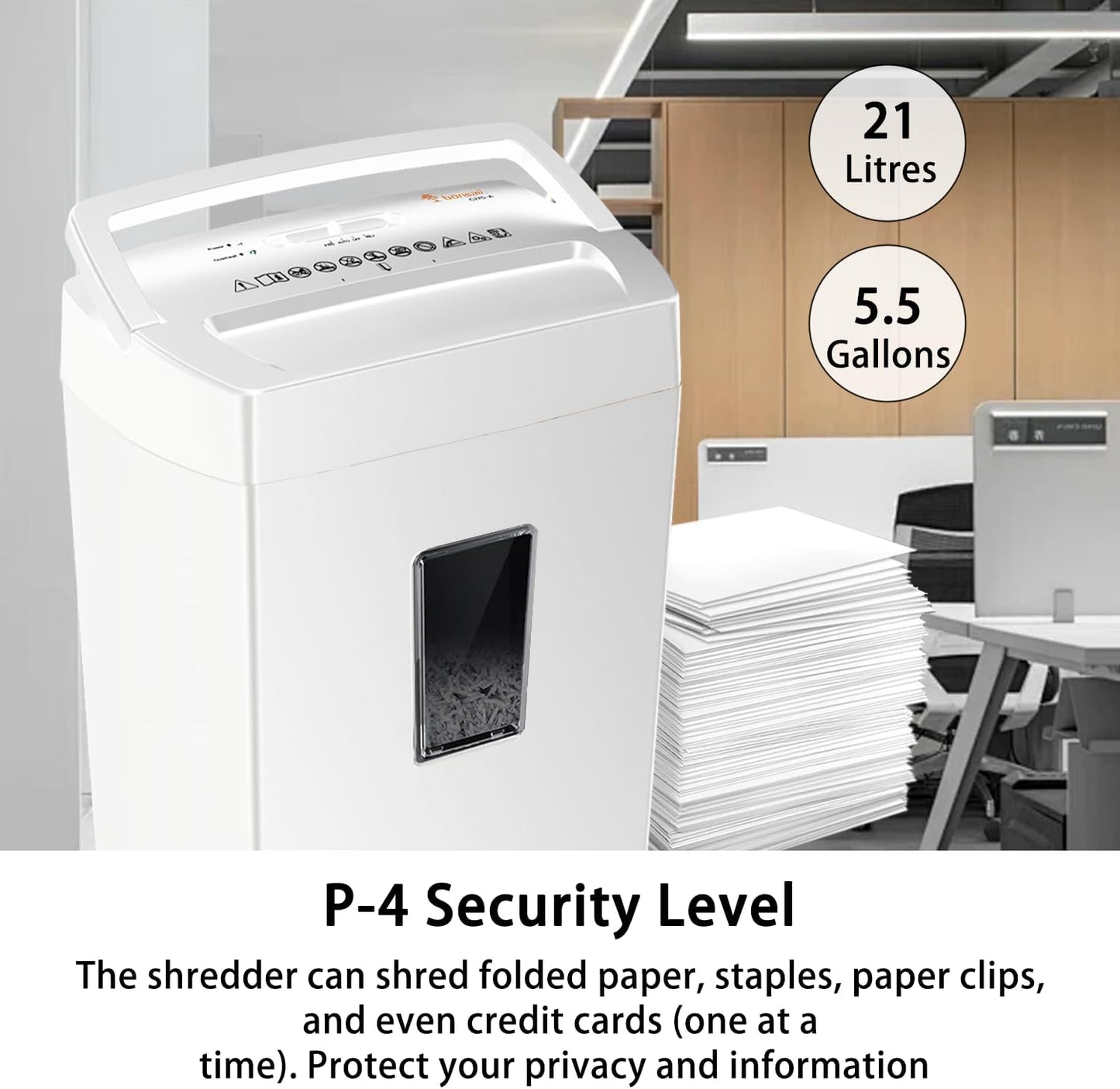 Bonsaii Heavy-Duty Cross-Cut Shredder, Handles up to 12 Sheets at Once, Providing P-4 high Security, Credit Cards, Mail & taples, 5.5-Gallon bin with a Transparent Window, Use in Home Offices, White