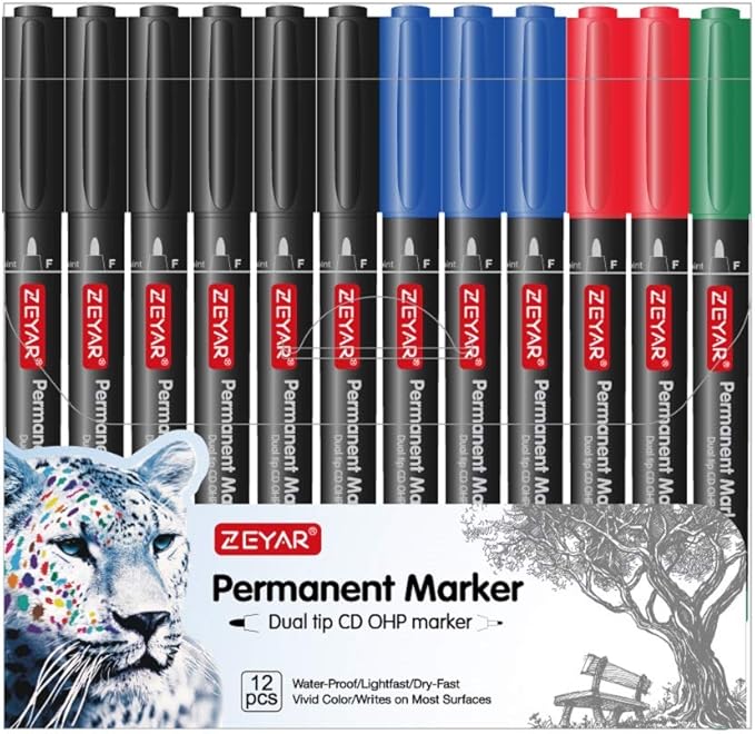 ZEYAR Twin Tip Permanent Markers, CD/DVD Markers, 4 Color, Ultra Fine Point and Fine Point for Signature and Marking (4 Colors, 12 Pack)