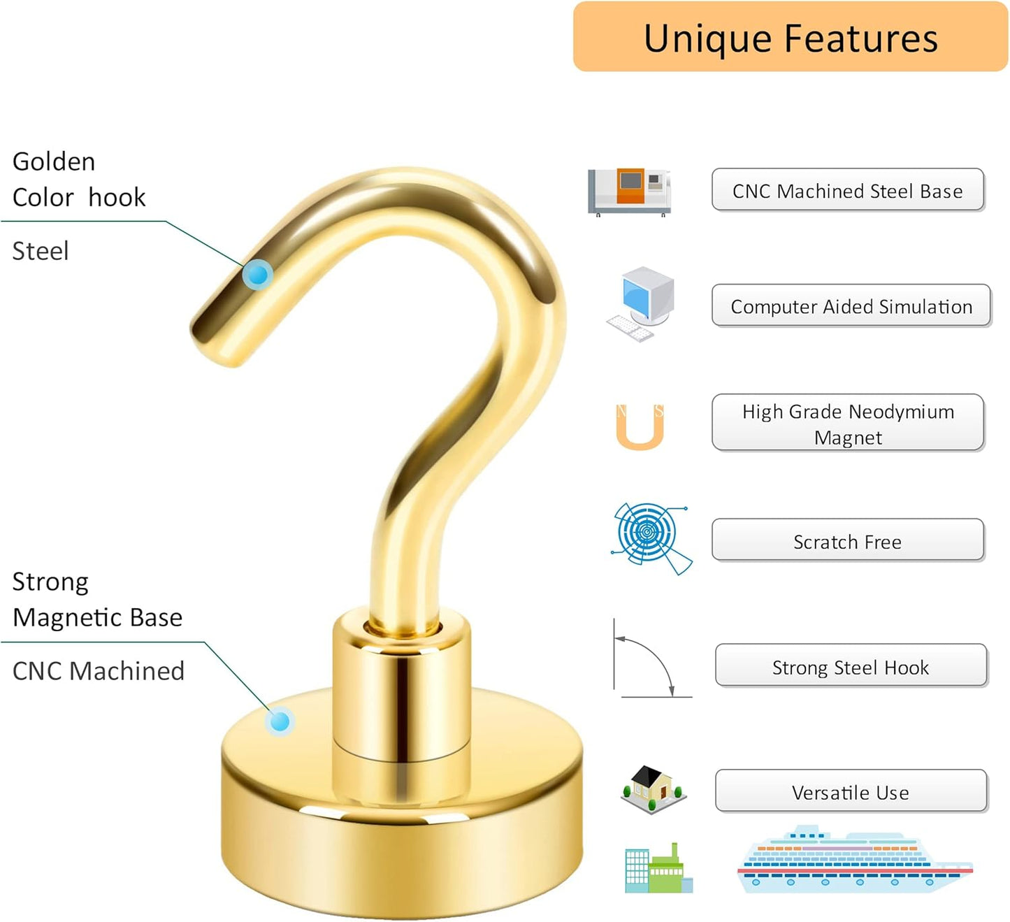 Neosmuk Magnetic Hooks,30lb Heavy Duty Earth Magnets with Hook for Refrigerator, Extra Strong Cruise Hook for Hanging, Magnetic Hanger for Curtain, Grill (Golden, 4 Pack)