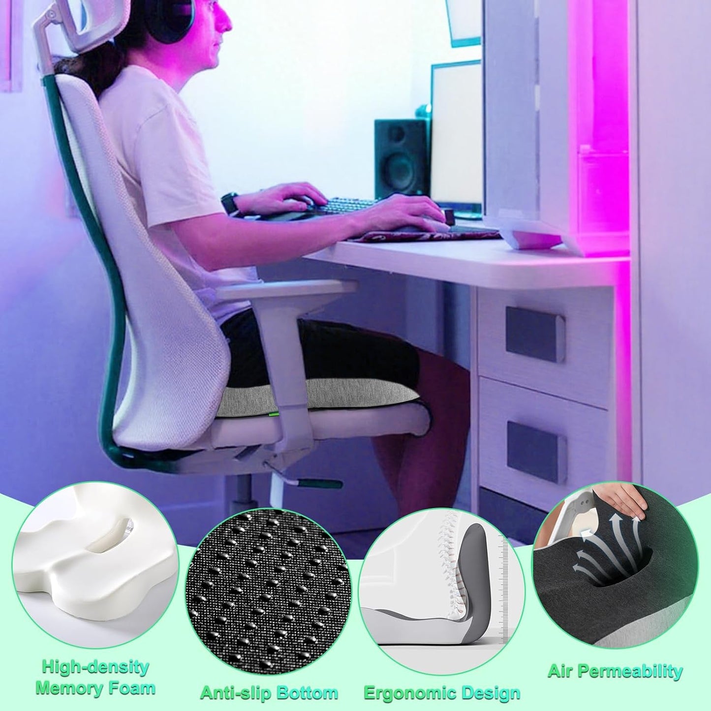 Buttocks Cushion for Office Chair Memory Foam Seat Pad for Butt Support Tailbone Relief Ergonomic Chair Cushion for Home Car Travel or Work (Classic Black)