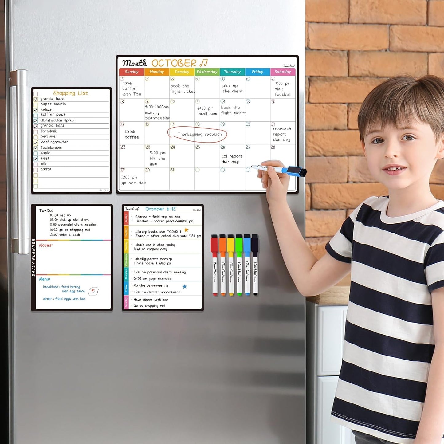 Magnetic Dry Erase Monthly Calendar Set - 14.5"x11" Monthly Calendar, 6.5"x8.5" Weekly, Daily, List Boards for Fridge - 6 Extra Fine Point Markers Included - Shipped Flat