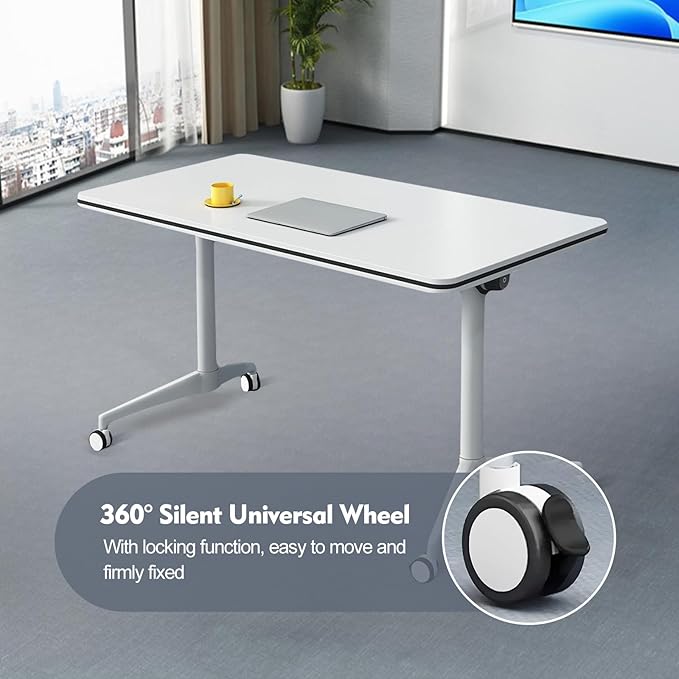 Folding Conference Room Table, Modern Mobile Training Table with Wheels, White Foldable Seminar Meeting Tables for Office Corporations (2pack 70.9in)