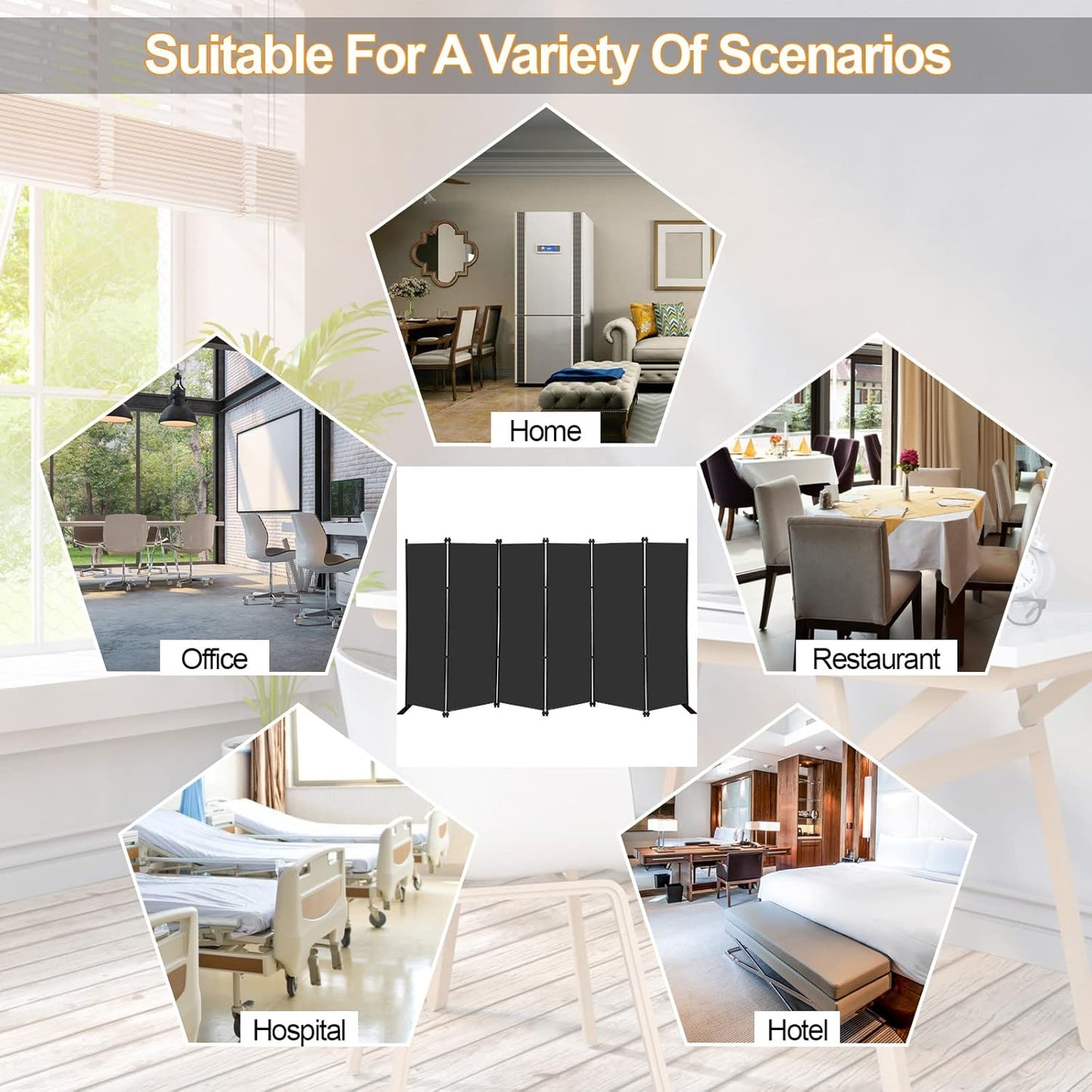 MAYOLIAH 6 Panel Folding Privacy Screen 9ft Wide, 6ft Tall Partition Room Divider Portable Office Walls Dividers, Black