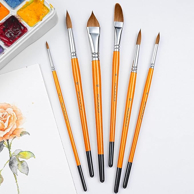 Sable Watercolor Brushes Kolinsky Watercolor Paint Brushes for Artists Professional 6pcs - Pointed Rounds Cat Tongue Oval Wash Dagger for Watercolor Acrylics Inks Gouache Painting