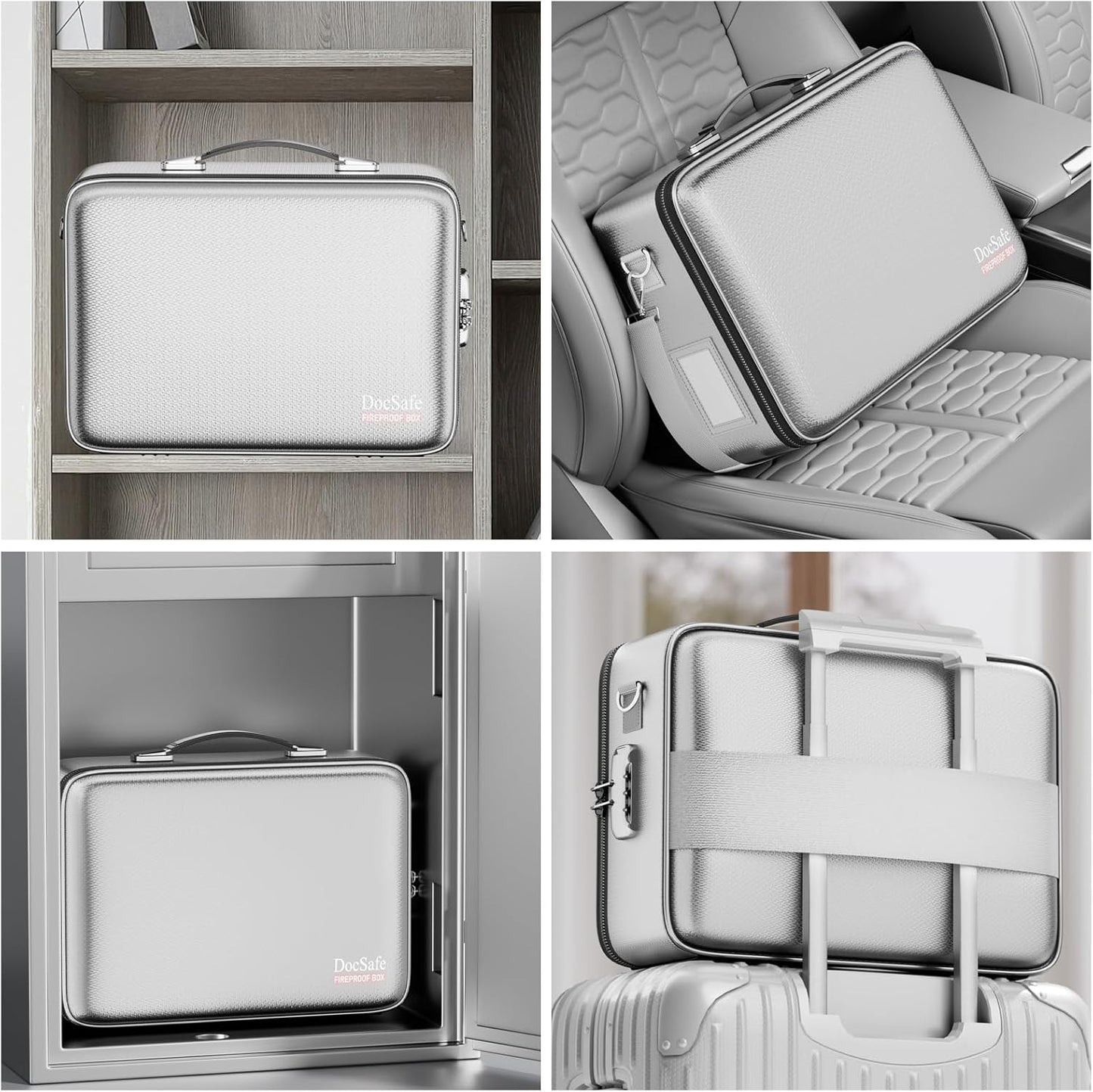DocSafe Fireproof Document Box with Lock, Hard Case File Organizer with Accordion File Folder, Fireproof Water Resistant Safe Box Home Office Travel Storage for Important Documents Laptop Silver