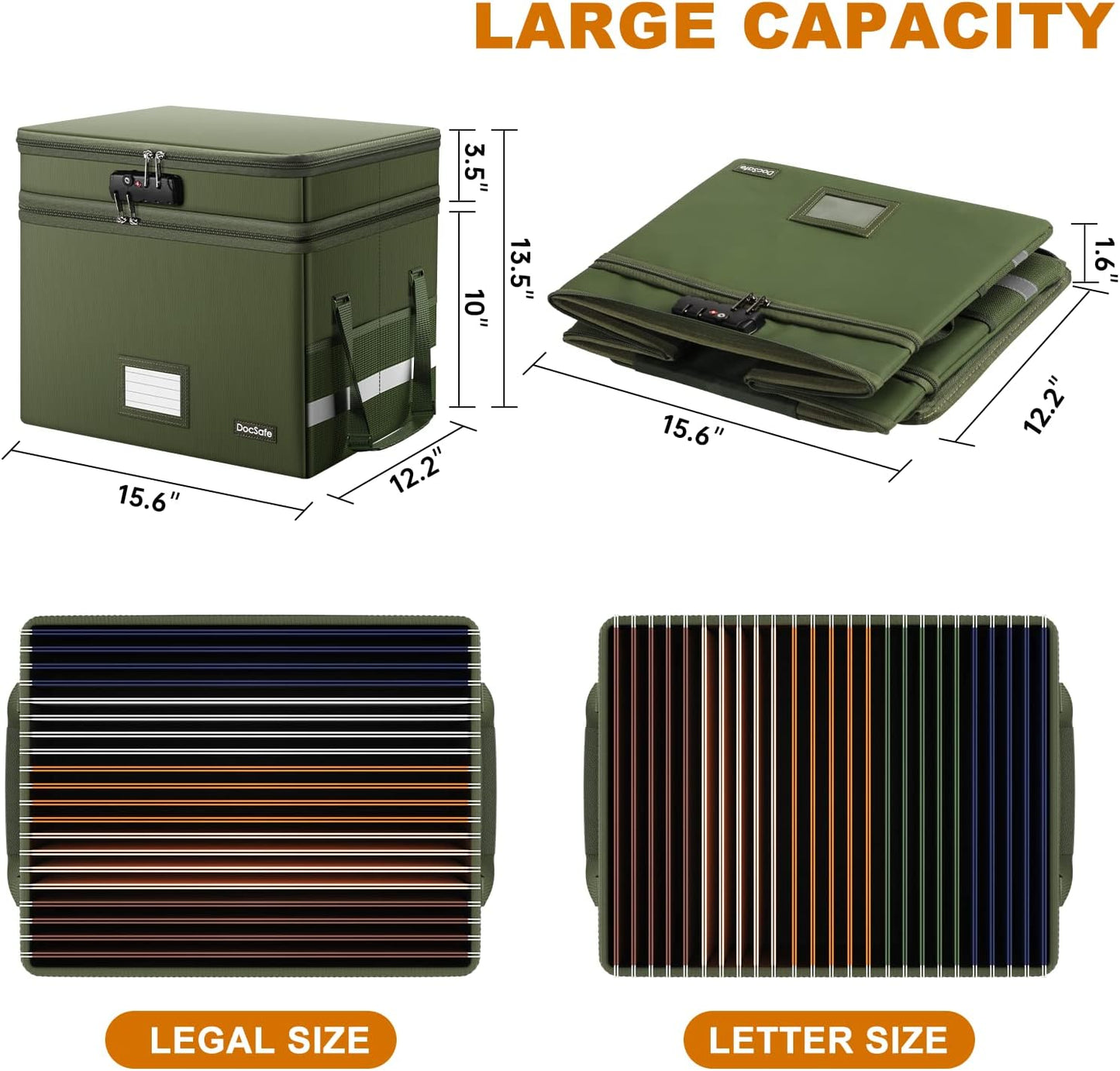 DocSafe File Box with Lock,Multi-Layer Fireproof Document Box Collapsible File Storage Organizer with Pockets/Handle,Portable Home Office Filing Cabinet for Hanging Letter/Legal Size Folders,Green