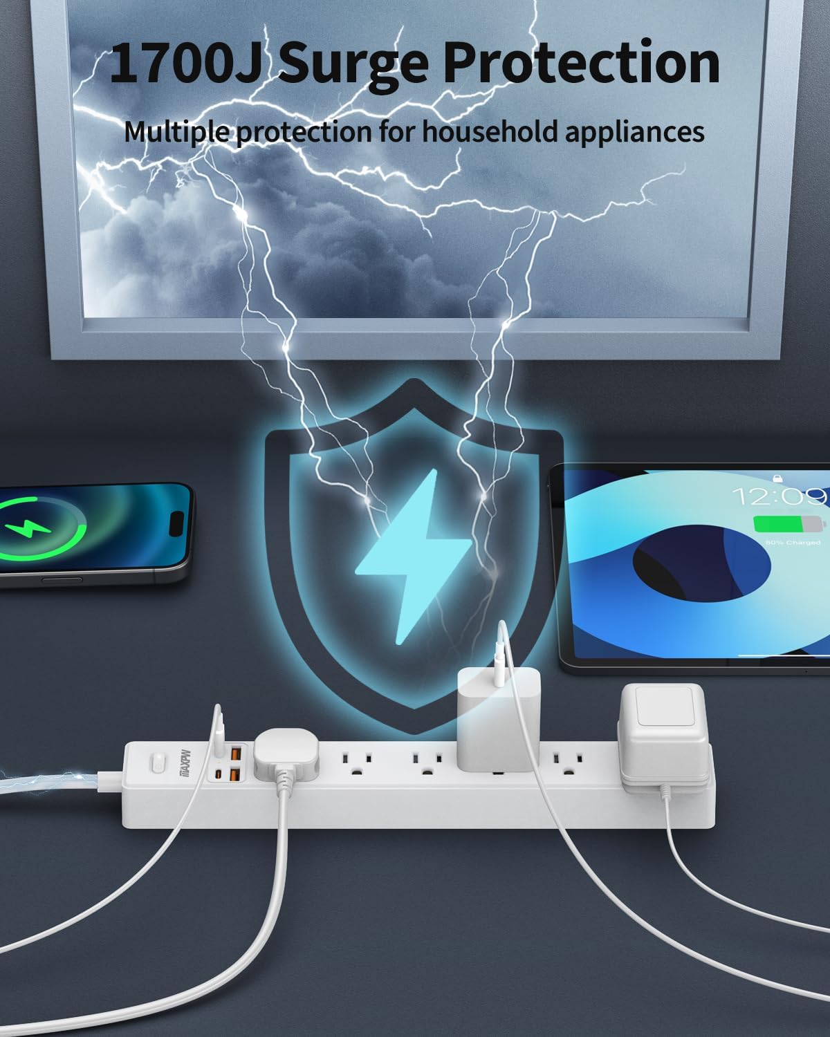 2 Pack Power Strip Surge Protector - 7 Outlets 4 USB Ports (2 USB C), 6 Ft Ultra Thin Flat Plug Extension Cord, 1875W/15A, 1700 Joules, Wall Mount for Home Office Dorm, White