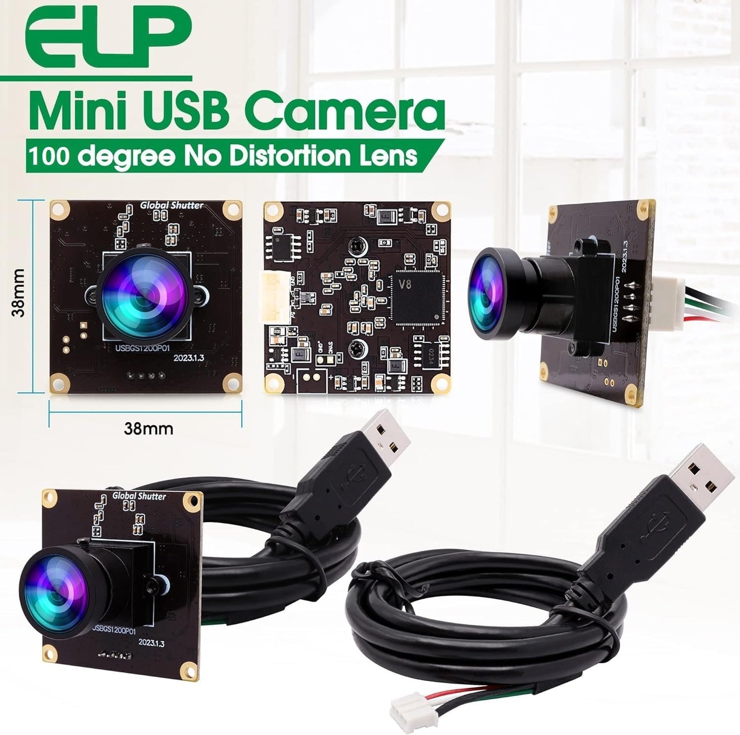 ELP Global Shutter USB Camera Module High Speed with Wide Angle Lens for Computer 1080P Mini UVC USB2.0 Webcam Board High Frame 90fps PC Camera for Laptop (100° no Distortion Lens)