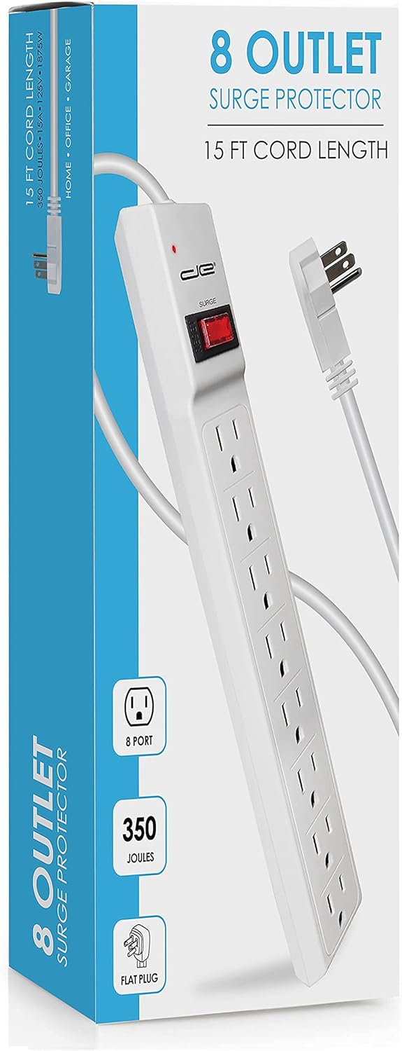 Digital Energy 15 FT 8 Outlet Surge Protector Power Strip - 15 AMP, 1875 W, 125 V, 350 J Surge Protection, ETL Listed - Flat Plug, White