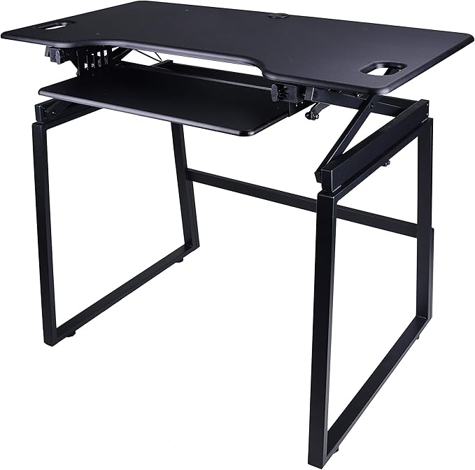 Rocelco 46" Large Height Adjustable Standing Desk BUNDLE - Quick Sit Stand Up Dual Monitor Riser - Tall Gas Spring Assist Computer Workstation - Retractable Keyboard Tray - Black (R DADRB-46-FS2)