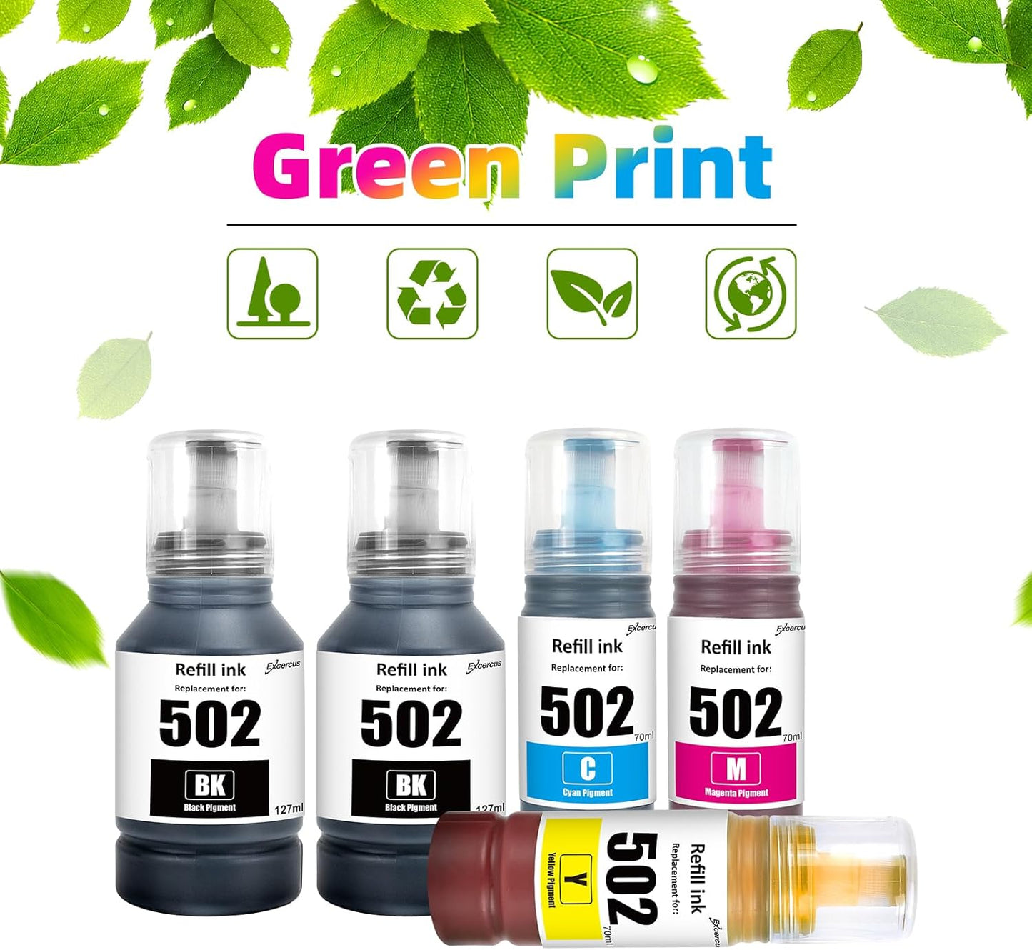 T502 502 Ink Refill Bottles Compatible for ET2760 ET-4760 ET2750 ET-3760 ET-2850 ET-15000 ST-4000 ST-2000 ET-3710 ET-3850 ET-3750 ET-4850 ET-3830 ET4750 ET2700 Printers (2BK C M Y)