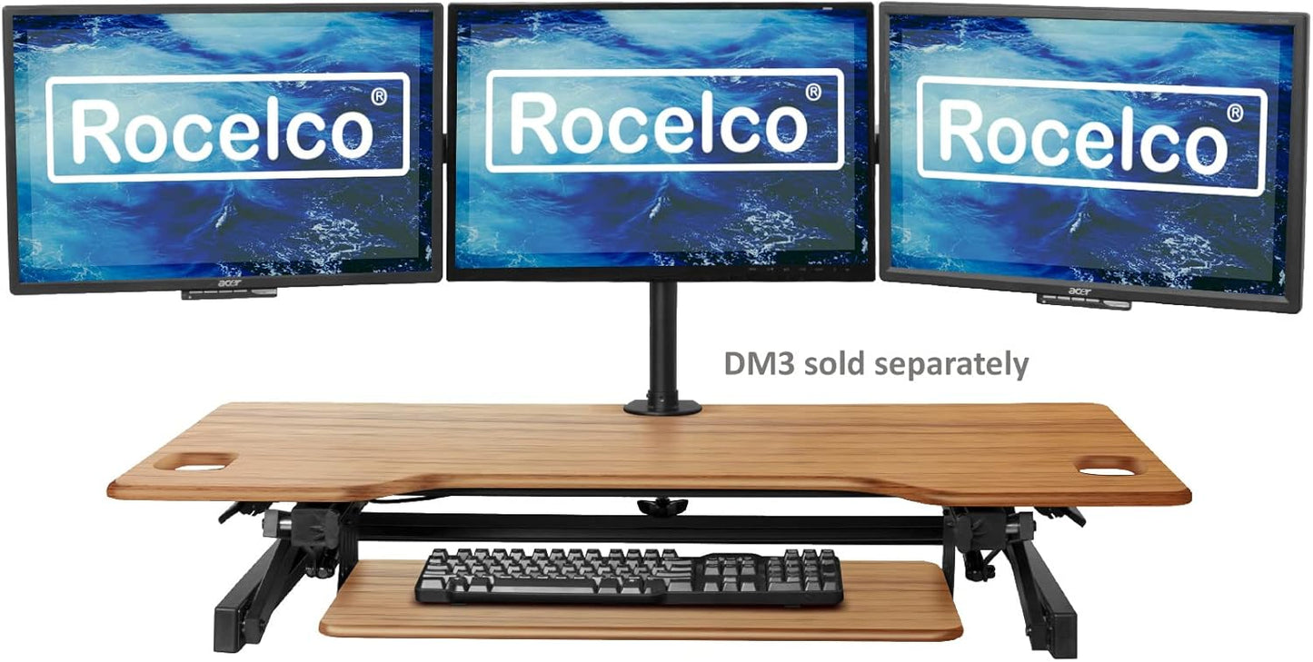 Rocelco 46" Large Height Adjustable Standing Desk Converter with Anti Fatigue Mat BUNDLE - Quick Sit Stand Up Triple Monitor Riser - Retractable Keyboard Tray - Teak Wood Grain (R DADRT-46-MAFM)