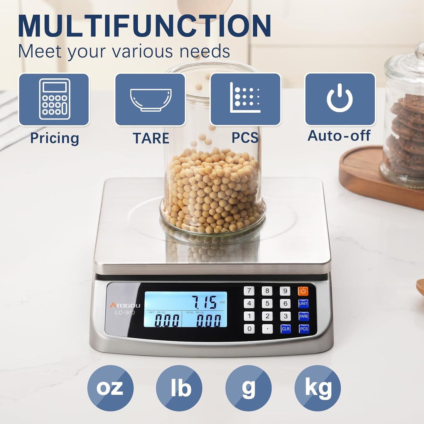 110lb Food Scale, Commercial Kitchen Scale with Price Computing, Plug-in Usable, 0.05oz/1g, 304 Stainless Steel, for Cooking, Vegetables, Farm, Industry, Counting. LC300 Grey