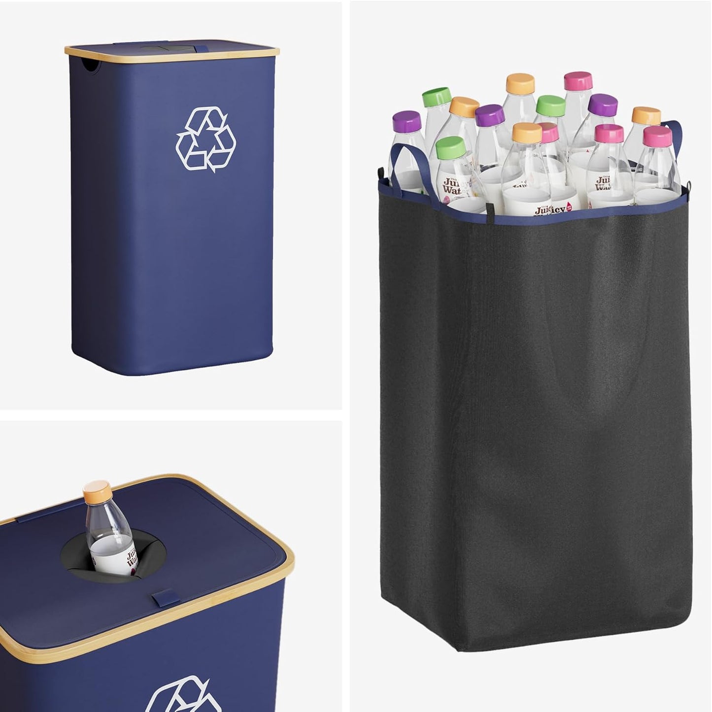 SpaceAid Recycling Bin for Kitchen 26 Gallon, 100L Recycle Bin with Lid and 2 Reusable Inner Bags, for Bottle Can Glass Plastic Stickers, Blue