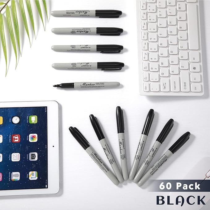 Thenshop 60 Pack Permanent Markers Bulk Black Permanent Marker Set Fine Point Pens Work on Wood, Metal, Stone, Glass
