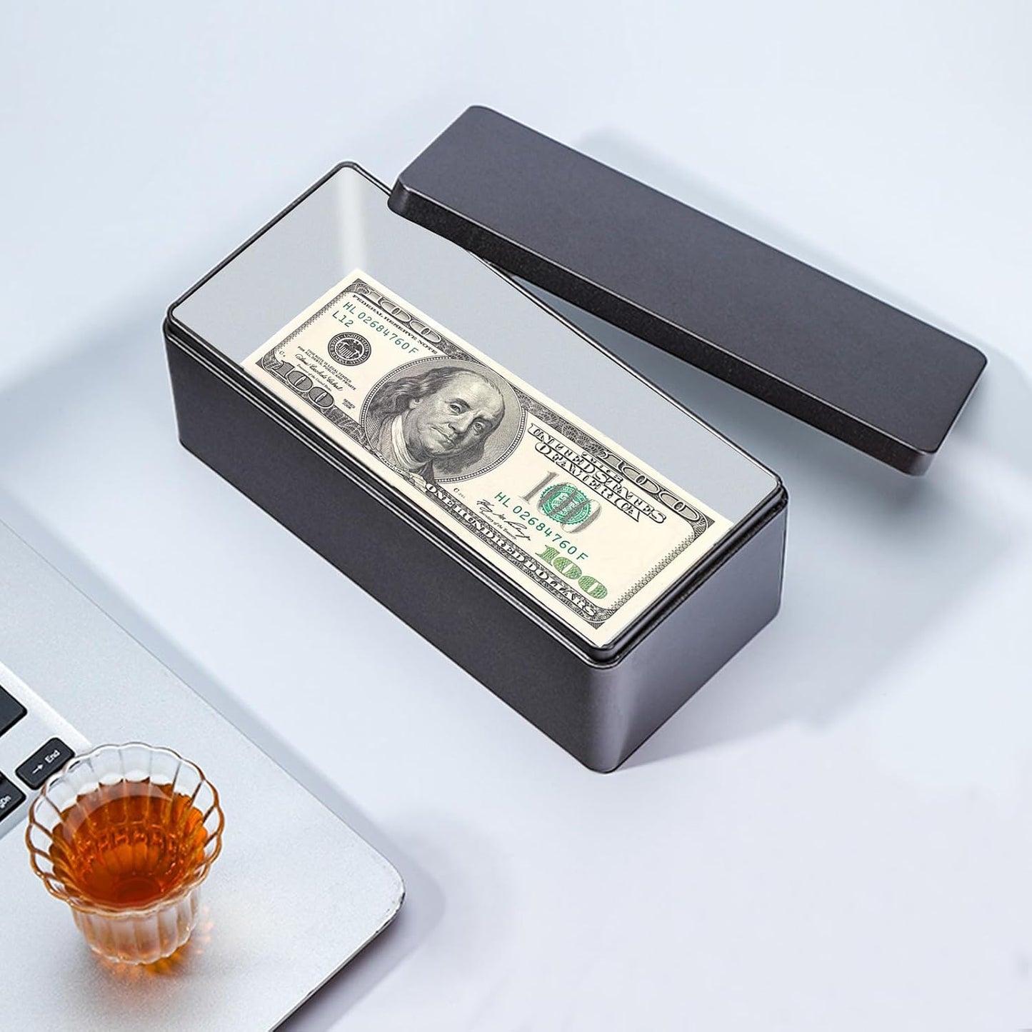 Black Metal Cash Box Money Holder Money Box for Cash Single Row Currency Tray Money Storage Box with Lid Cash Organizer Money Saving Organizer Money Gift Box Organizer, 7.28 x 3.35 x 2.76 inch