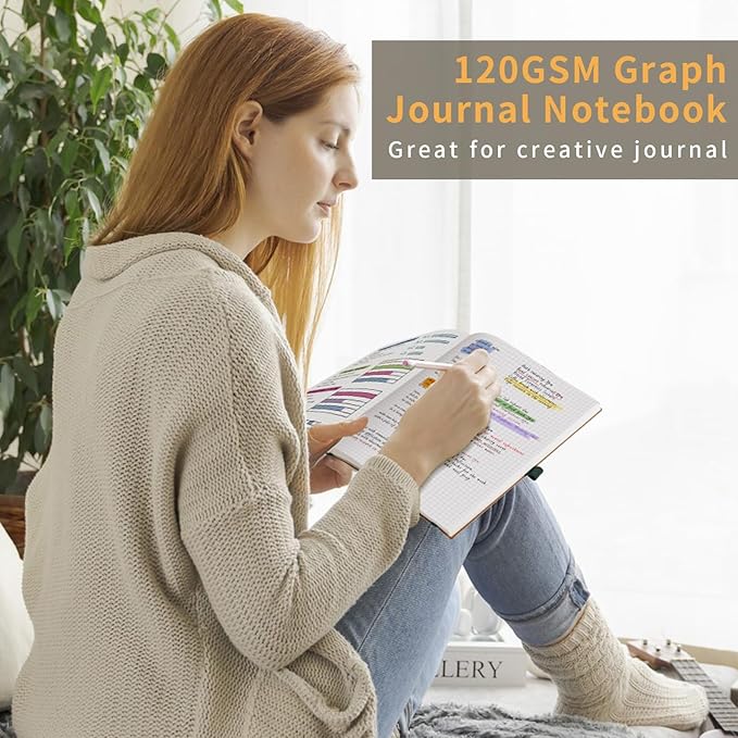 AHGXG Graph Paper Notebook - Grid Notebook Journal, 120 GSM Thick Graph Paper, Large B5 Notebook 96 Pages, Leather Softcover, for Graphing, Writing, Math, Engineering, 7.6'' X 10'' - Rose Gold