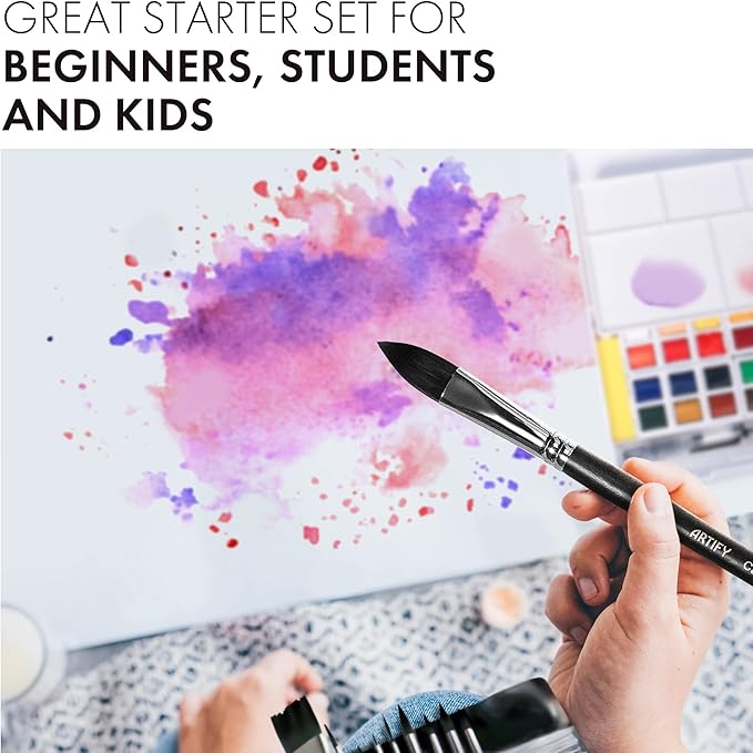 ARTIFY 12 PCS Watercolor Brushes Set, Synthetic Paint Brushes for Watercolor Painting, Acrylic, Gouache & Oil Painting - Detail Paint Brushes, Round, Flat, Cat's Tongue,Liner for Beginners & Kids