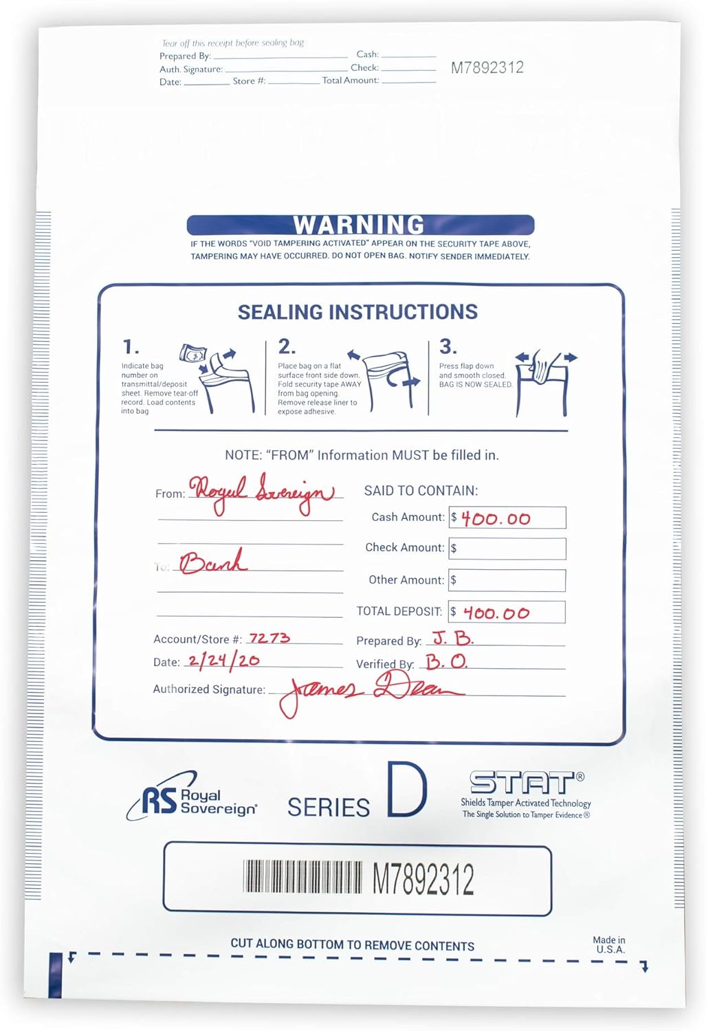 Royal Sovereign 12 x 16 White Deposit Bags 100 Pack (RMTE-1216DW)