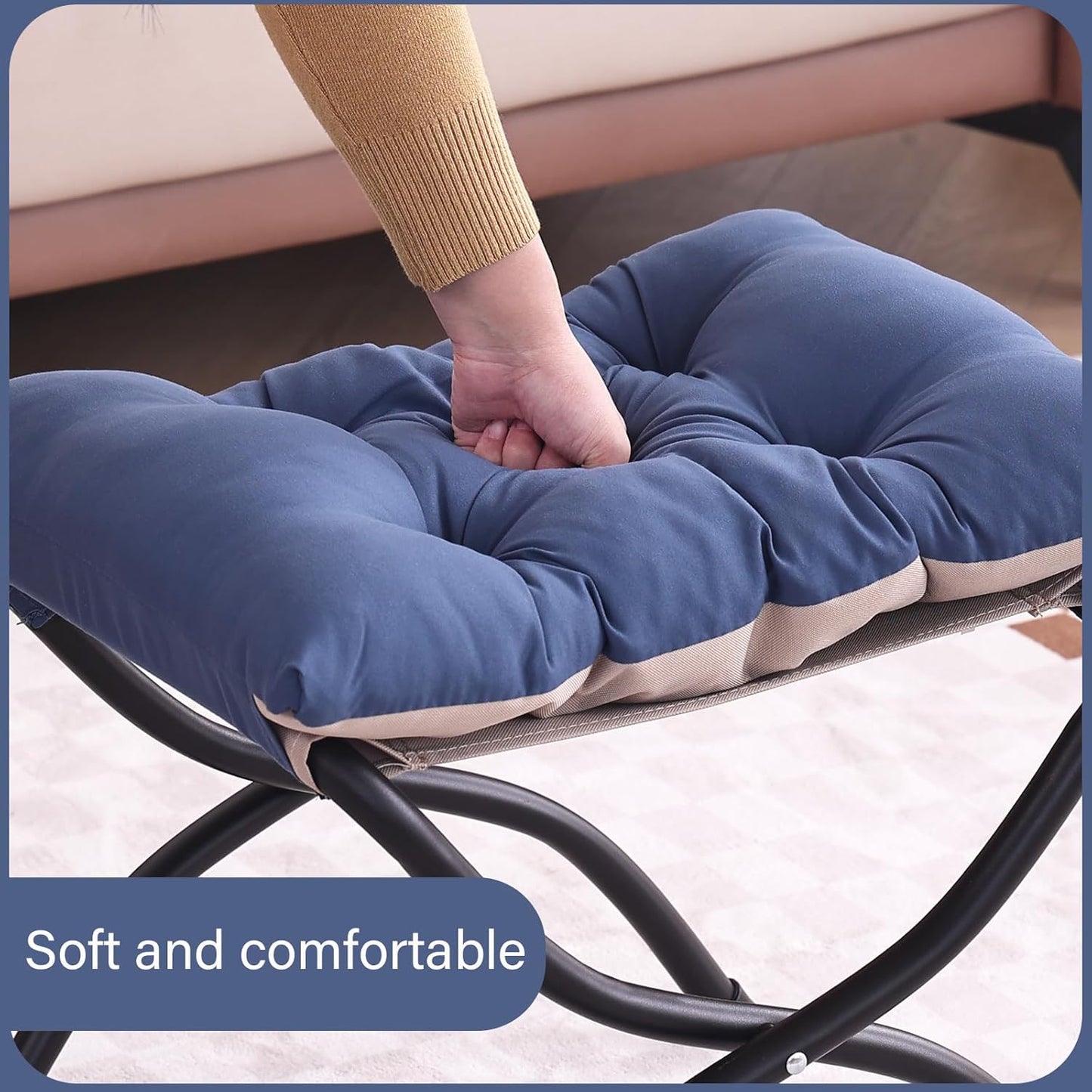 LITA Folding Upholstered Footrest Stool, Modern Small Portable Accent Ottoman with Detachable Thick Cotton Cushion Padded Sofa Stool with Metal Frame for Lazy Chair, Living Room & Bedroom, Royal Blue