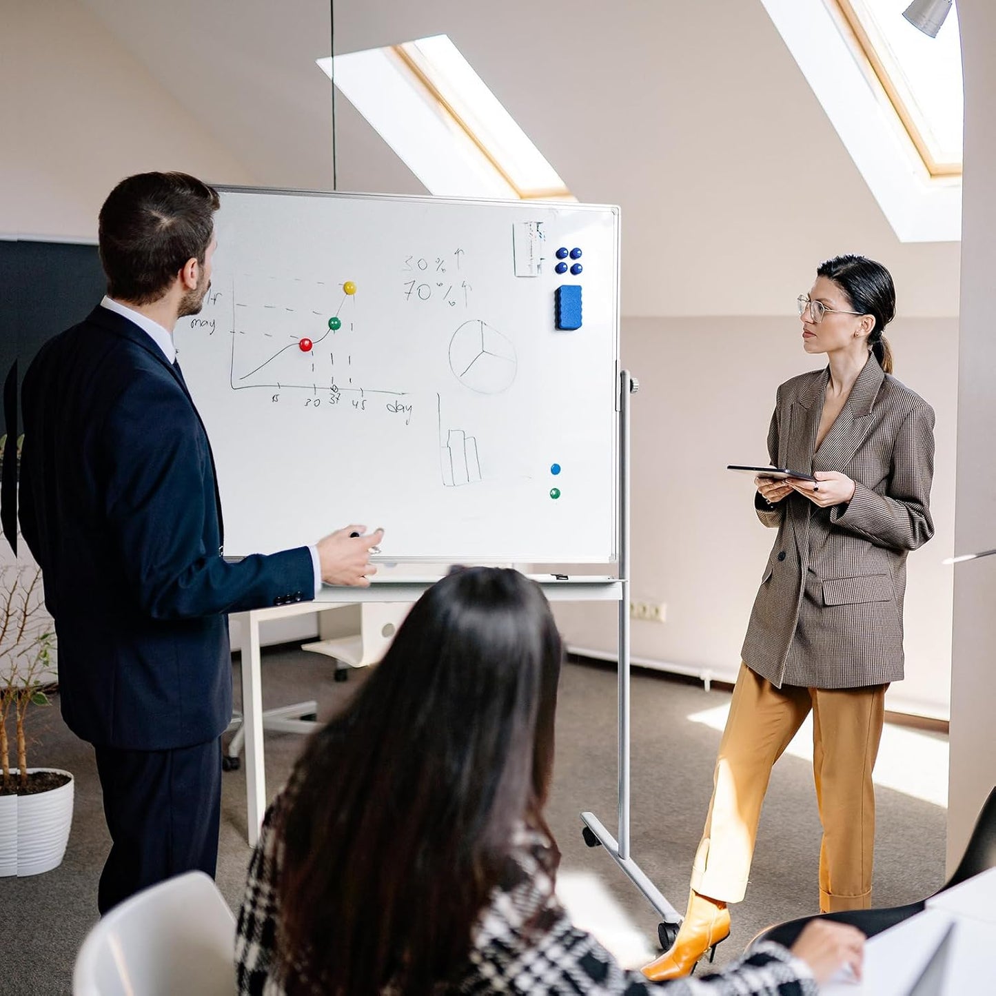 Rolling Whiteboard Magnetic Writeboard 48"x36" Flip Chart with 4 Wheels 2-in-1 Easel-Style Dry Erase Boards 2-in-1 Message Bulletin Board (White)