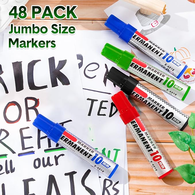 Thenshop 48 Pcs Jumbo Size Permanent Markers Bulk Waterproof Chisel Tip Marker Pens for Industrial Use Work on Wood Metal Plastic Stone Glass(Black, Blue, Green, Red)
