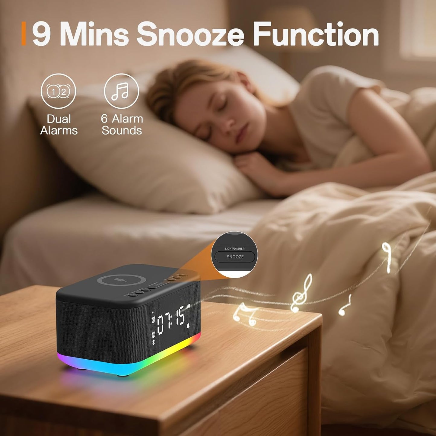 Alarm Clock Speaker Wireless Charger, Digital Alarm Clocks Bedrooms Bluetooth, Alarm Clock Dimmable Light Bedrooms Bluetooth Speaker Dual Alarm Snooze 12/24H Dimmer Support USB AUX, Black