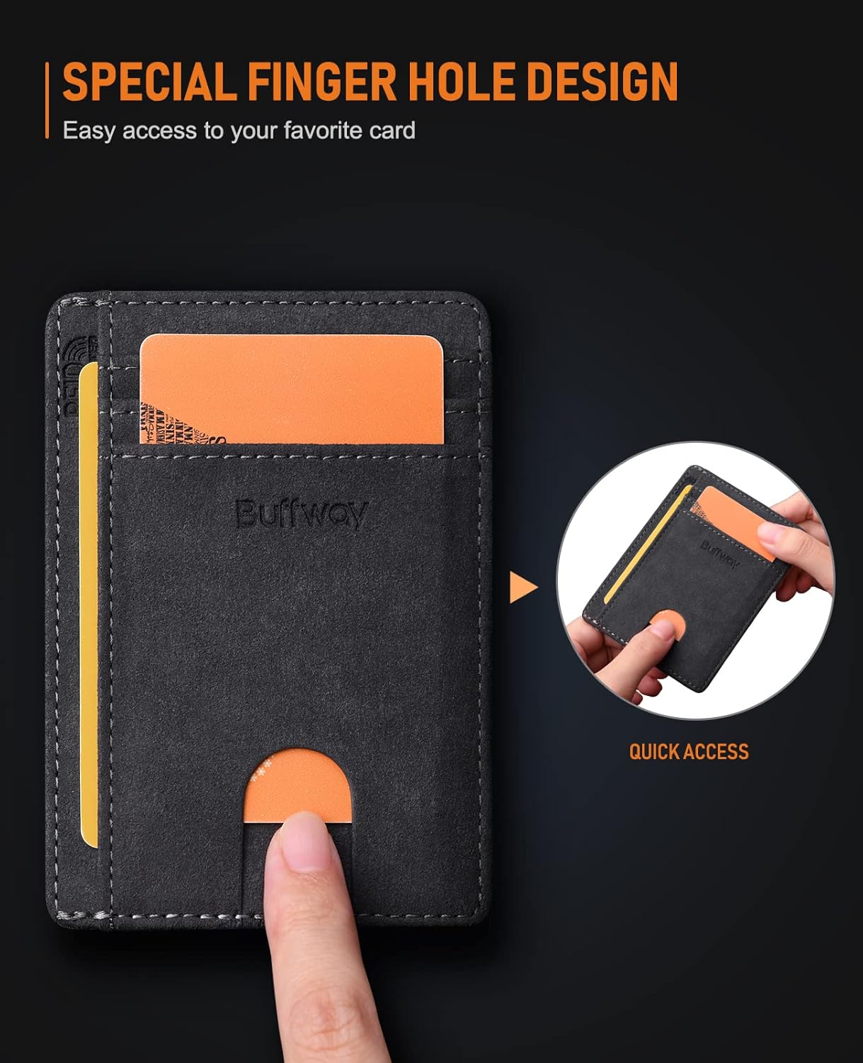 Buffway Slim Minimalist Front Pocket RFID Blocking Leather Wallets for Men and Women - At Sahara Carbon Black
