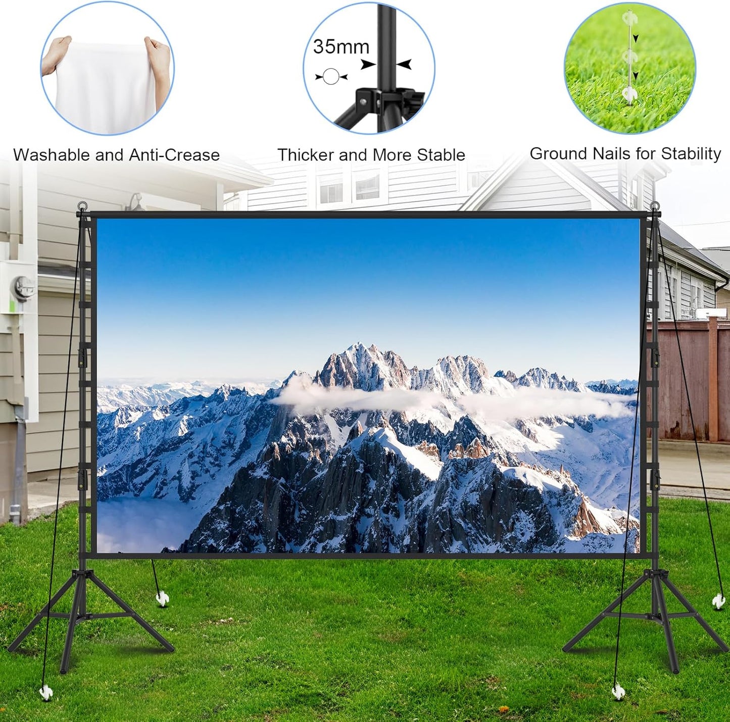 Outdoor Projector Screen with Stand, TOWOND 200 Inch Portable Projection Screen - Dual-Sided 16:9 4K HD Movie Screen, Wrinkle-Free Design & Carry Bag for Backyard Cinema