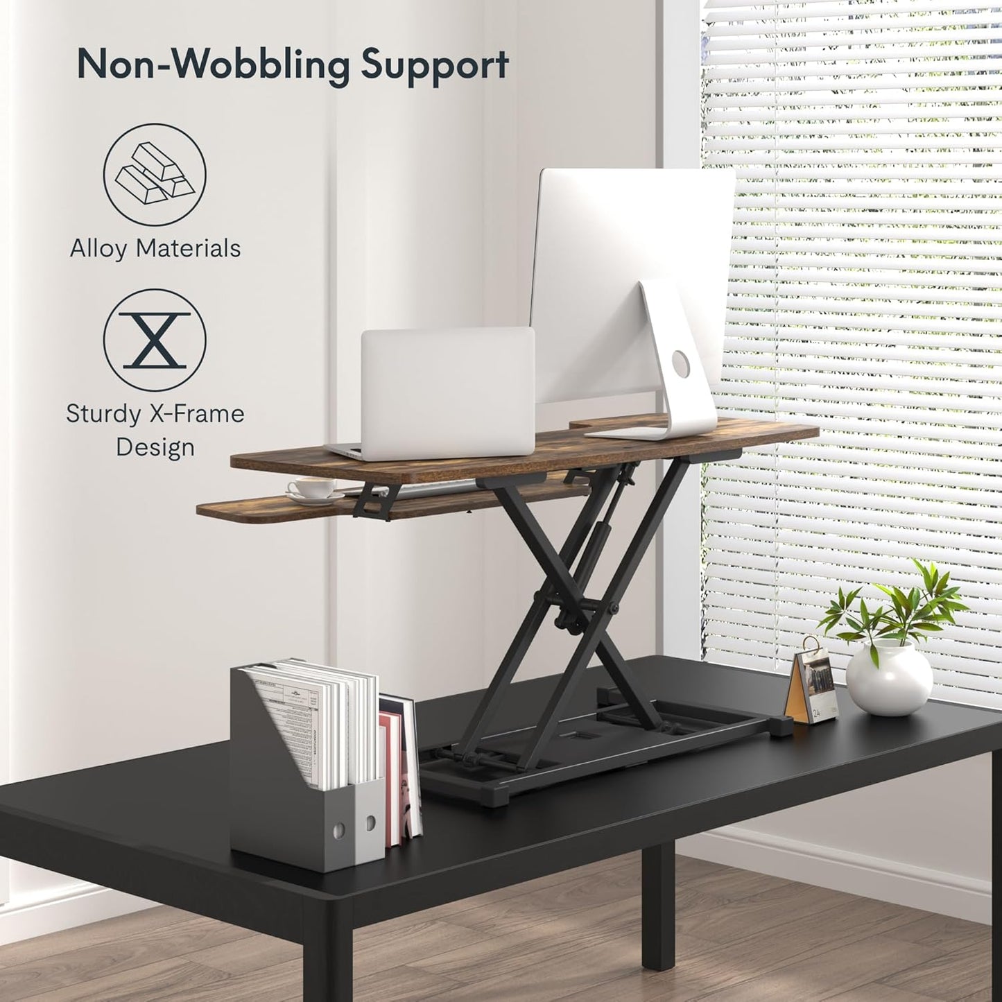 FLXISPOT 40in Standing Desk Converter, Height Adjustable Riser, Manual Lift with Gas Spring Monitor and Laptop Workstation, Rustic Color