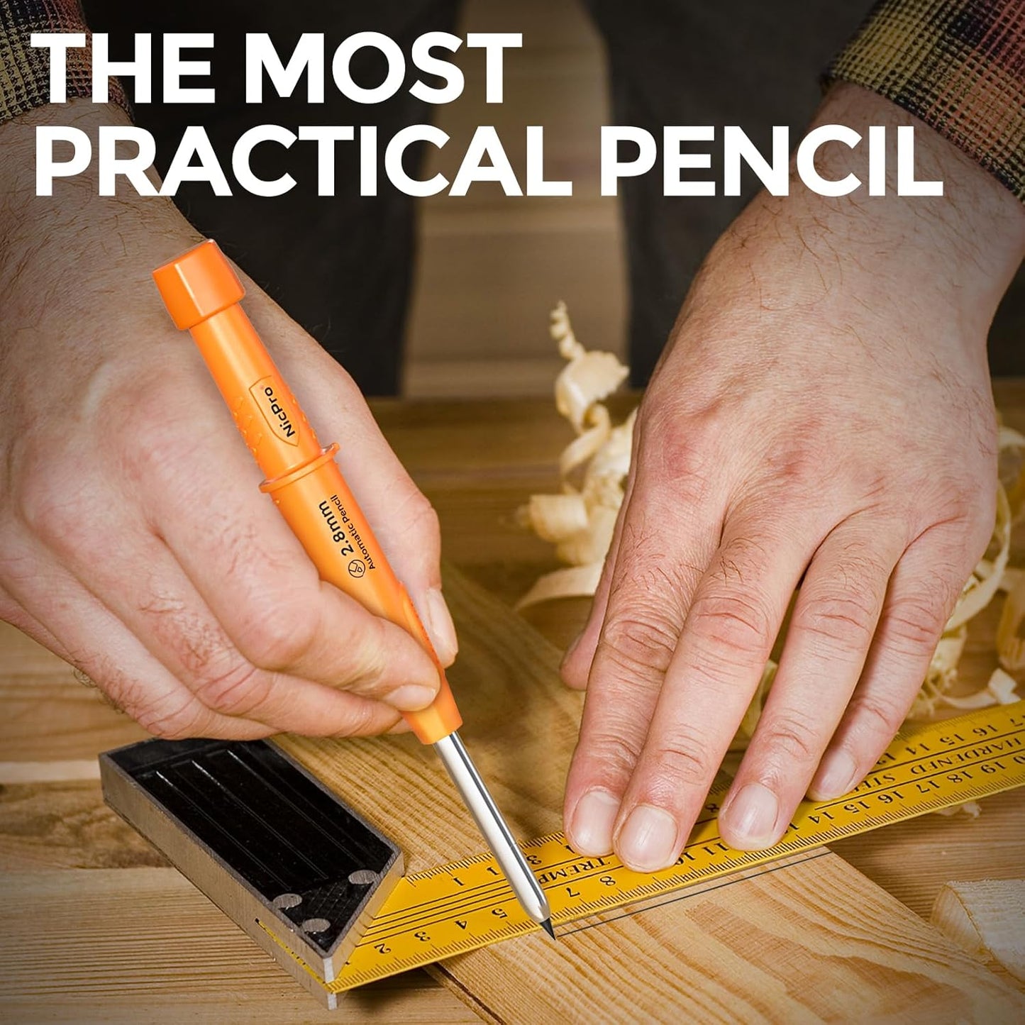 Nicpro CP3000 Carpenter Pencil with Sharpener, 2.8mm Mechanical Pencils with 19 Refill, Deep Hole Marker for Construction, Heavy Duty Woodworking Pencil, Carpenter Tools for Architect Marking (Orange)