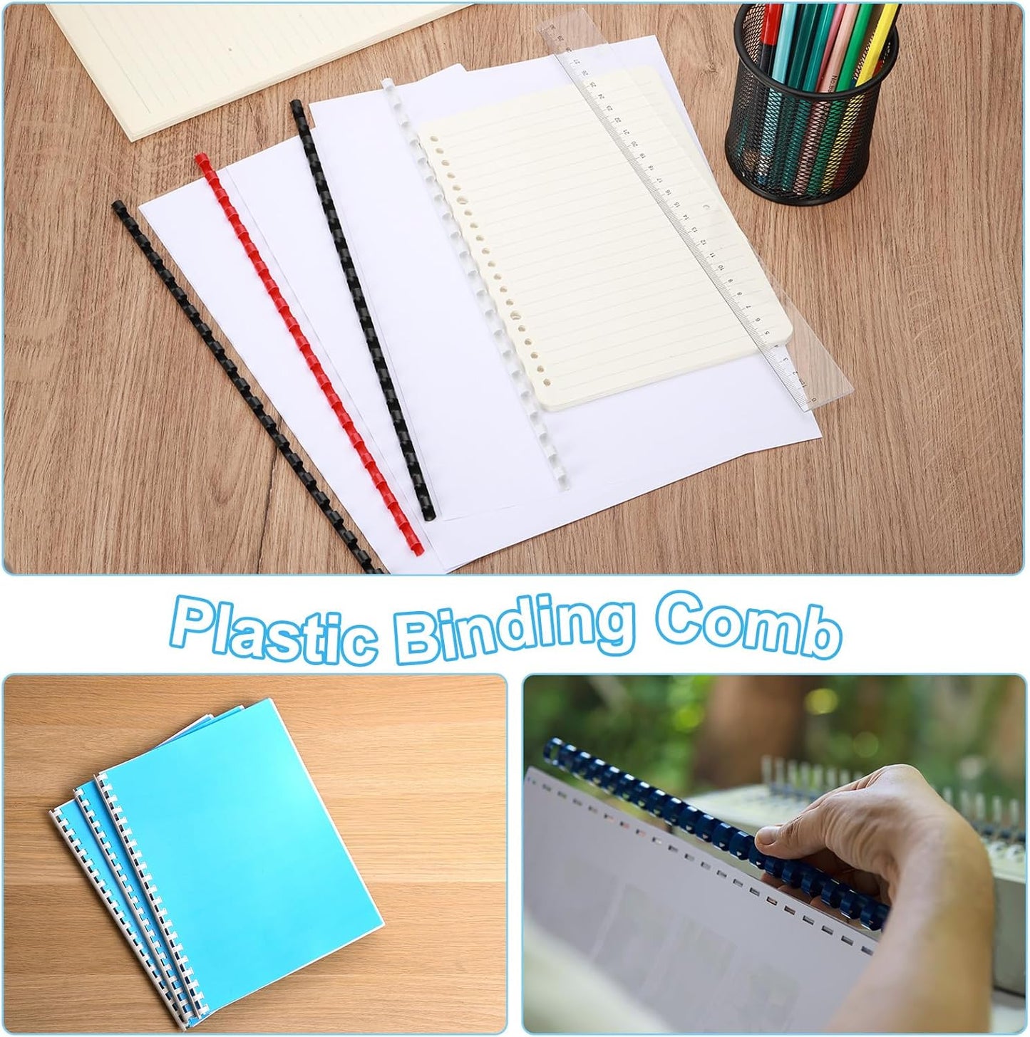 PATIKIL 10mm (3/8") Plastic Binding Combs, 100 Pcs 21 Rings Comb Binding Spines 60 Sheet Capacity Letter Size for Binding Paper Sheets, Blue