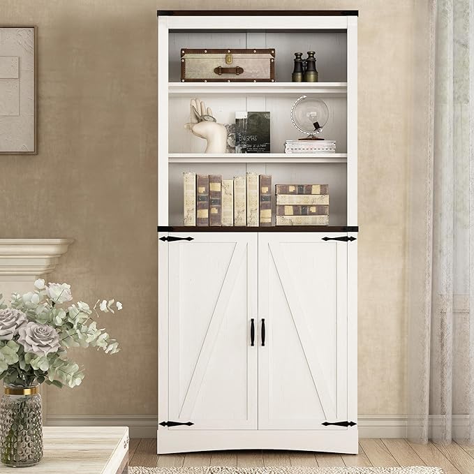 71in Farmhouse Kitchen Pantry Cabinet,Tall Storage Cabinet with 2 Doors and Adjustable shelves,with Load-Bearing Steel Pipe,Wood Storage Cabinets for Kitchen,Dining Room,Bathroom(White)