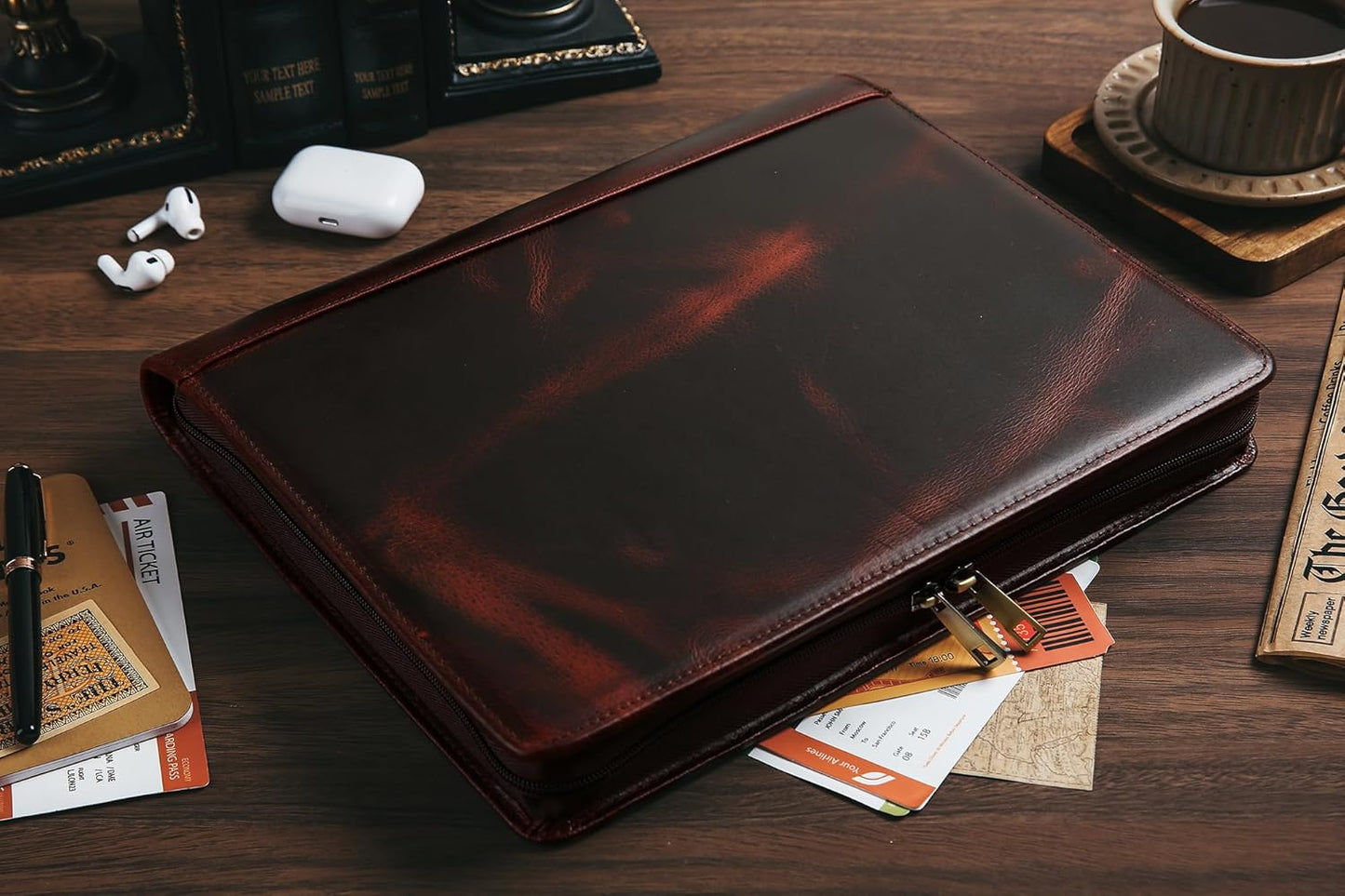 Personalized Leather Portfolio Organizer for IPad/Document, Business Padfolio with A4 Leather Notepad Holder, Custom Leather Compact Folder Conference Portfolio for Men and Women, Oil-Red Brown