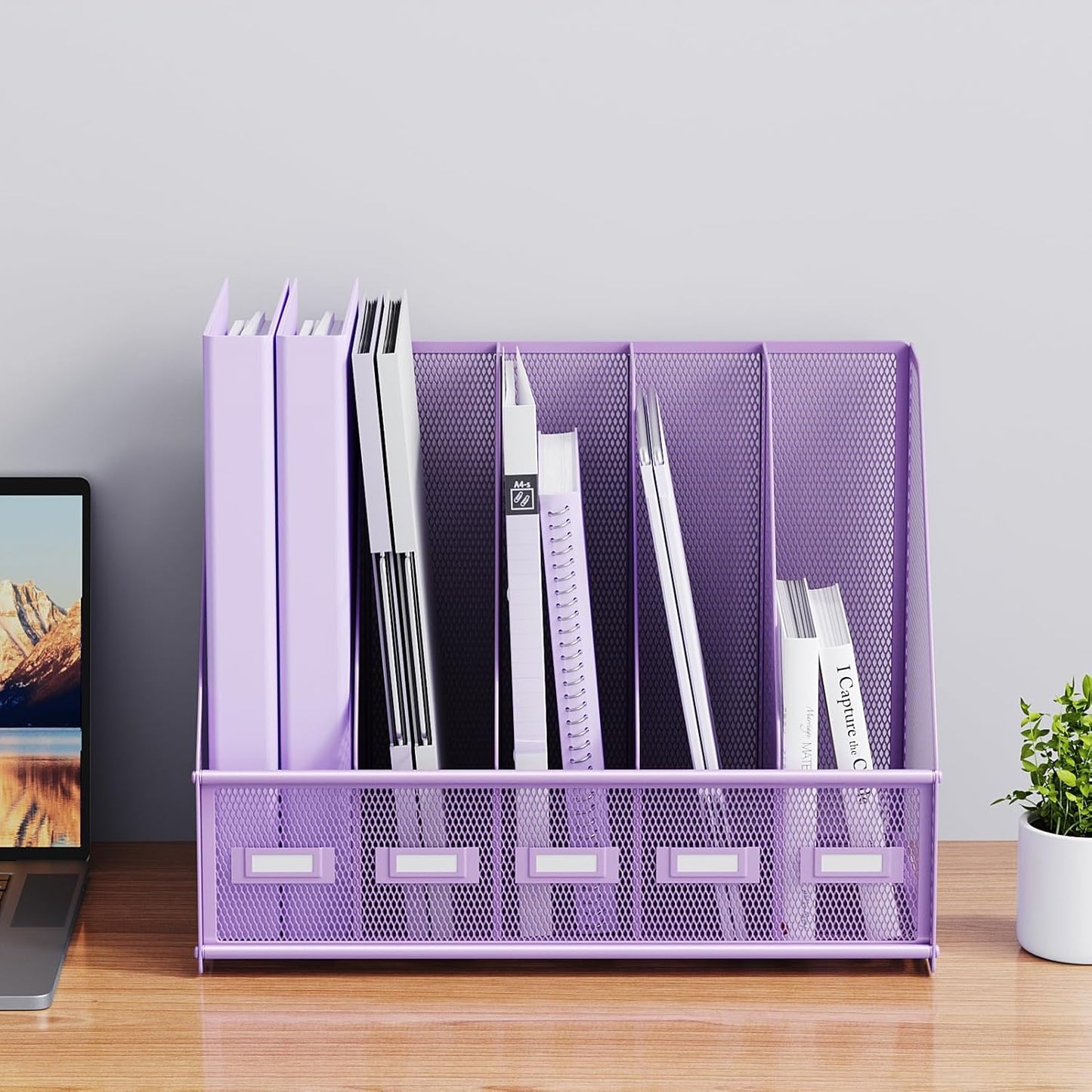 Marbrasse Desk File Organizer with 5 Vertical Compartments Mesh Magazine File Holder for Office, Home, School