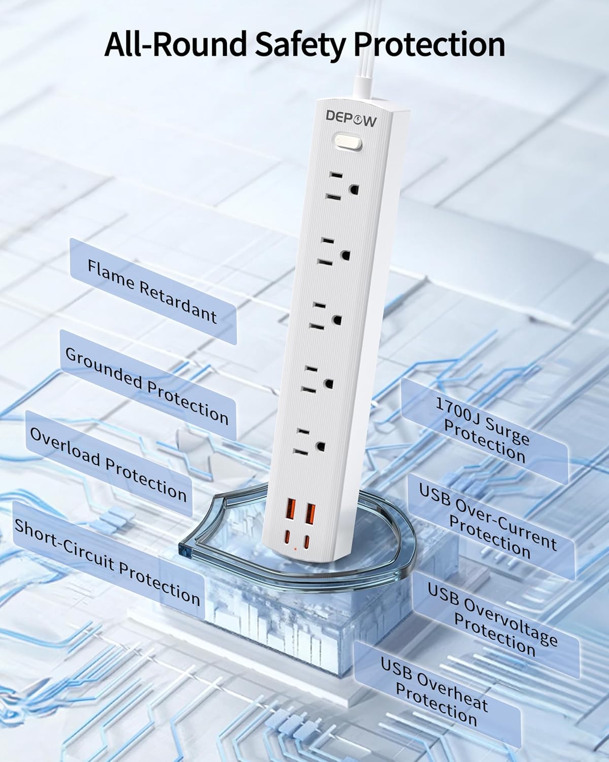 Power Strip Surge Protector with 5 AC Outlets(1875W/15A) 4 USB Ports (2 USB C), 5 Ft Ultra Thin Extension Cord, Low Profile Flat Plug, 1700 Joules, Wall Mount for Home Office, White