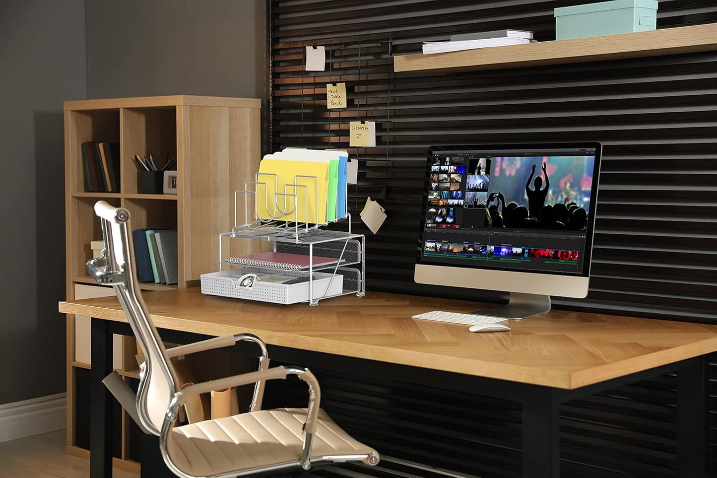 DecoBrothers Desktop File Organizer with Double Tray and 5 Folder Stand, Silver