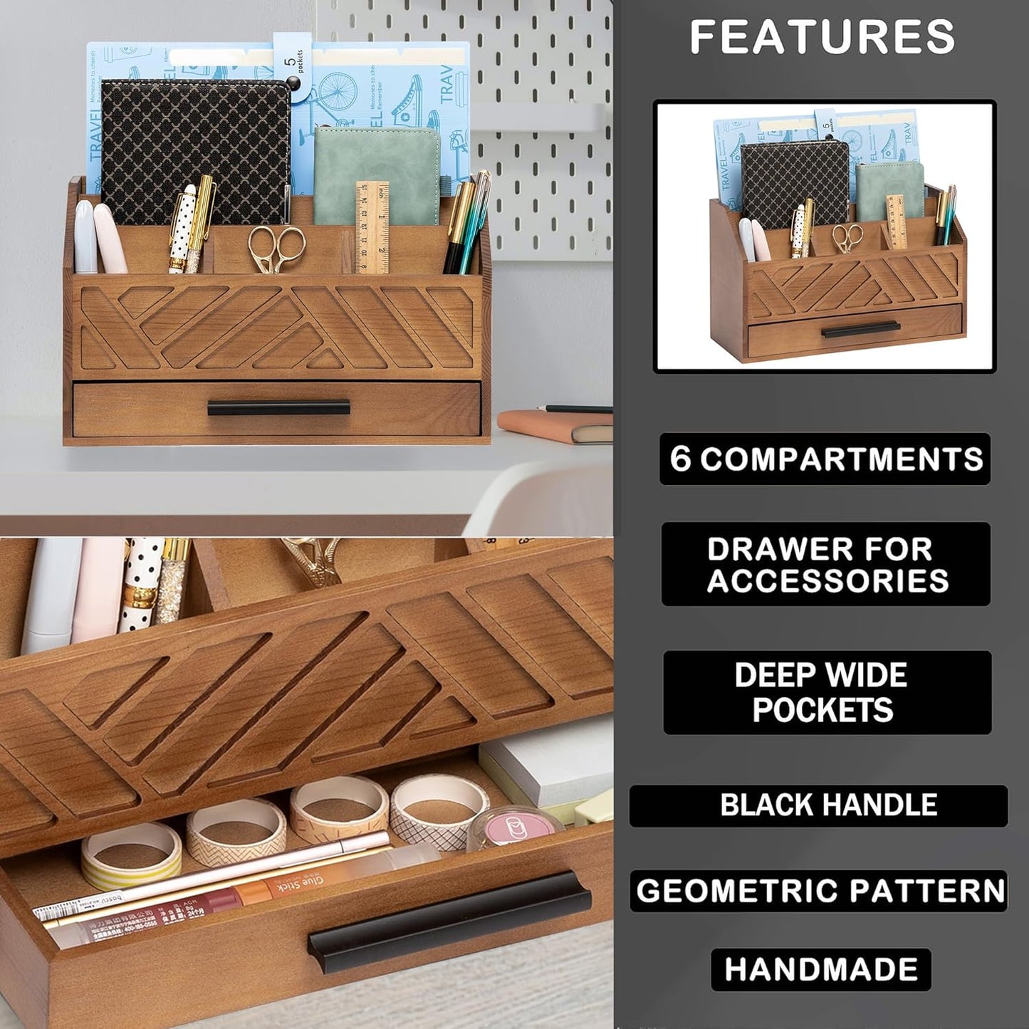 Brown Wood Desk Organizer and Accessories with Drawer, Bill Mail Organizer and File Mail Holder for Office Supplies, Modern Desk Accessories & Workspace Organizers for Desk Organization