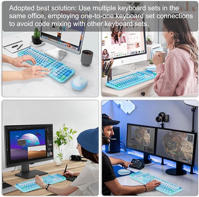 Wireless Keyboard and Mouse Set, 104 Round Keys Full-Size Cute Colorful Keyboard and Mouse with Retro Typewriter for PC/Mac/Laptop/Tablet/Computer/Windows Blue